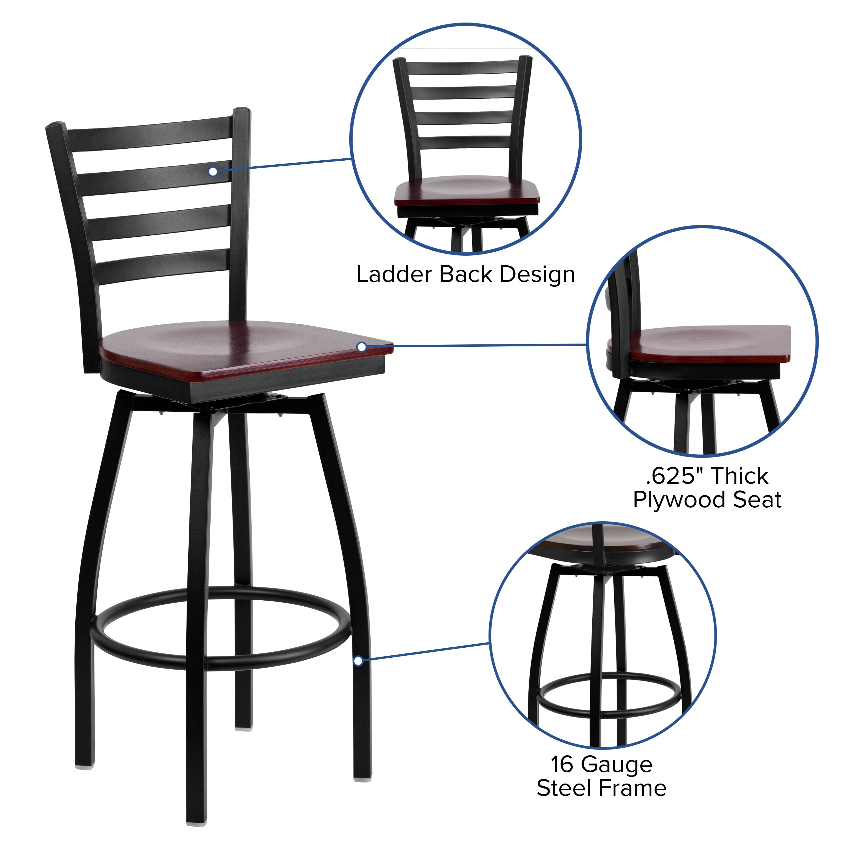 HERCULES Series Black Ladder Back Swivel Metal Barstool - Mahogany Wood Seat