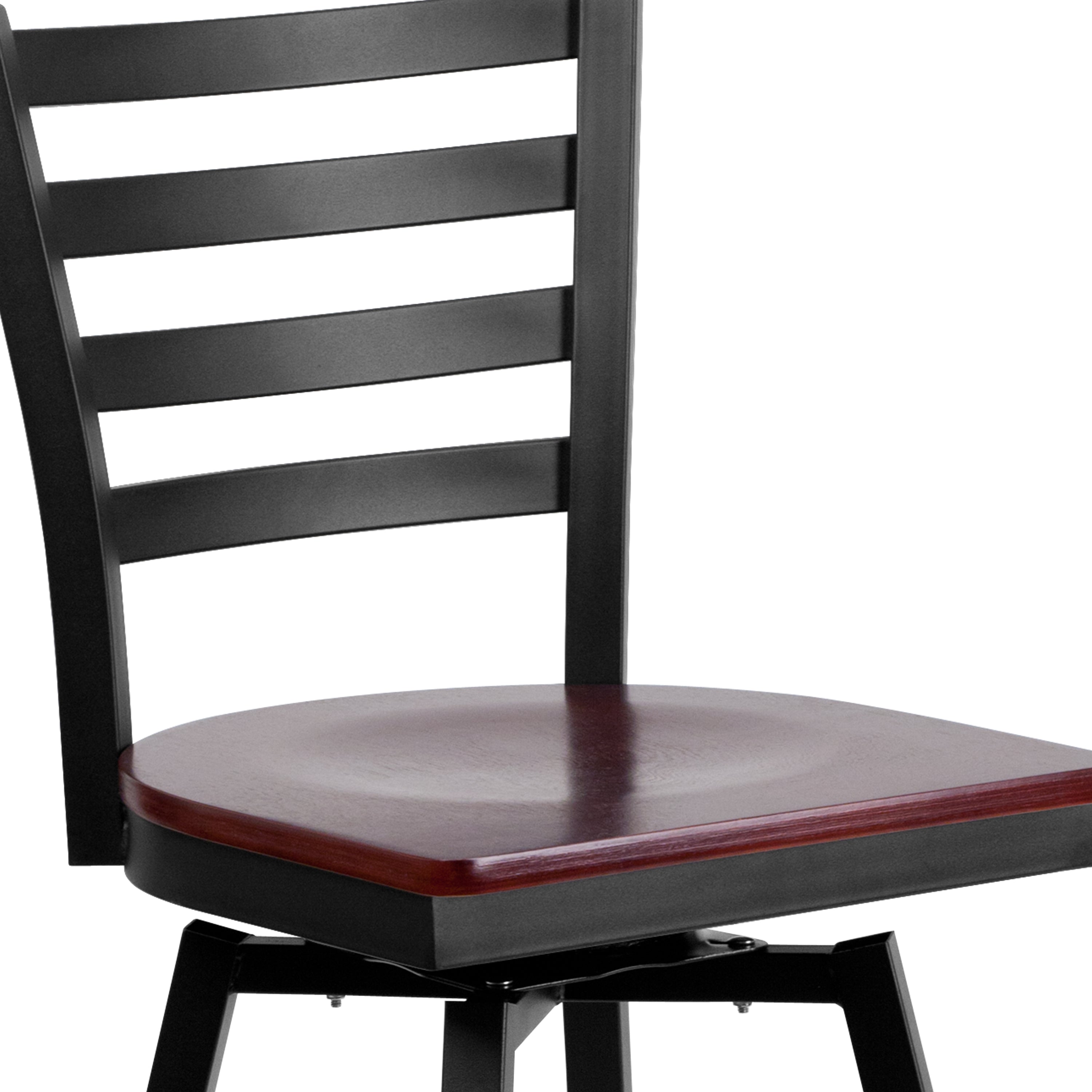 HERCULES Series Black Ladder Back Swivel Metal Barstool - Mahogany Wood Seat
