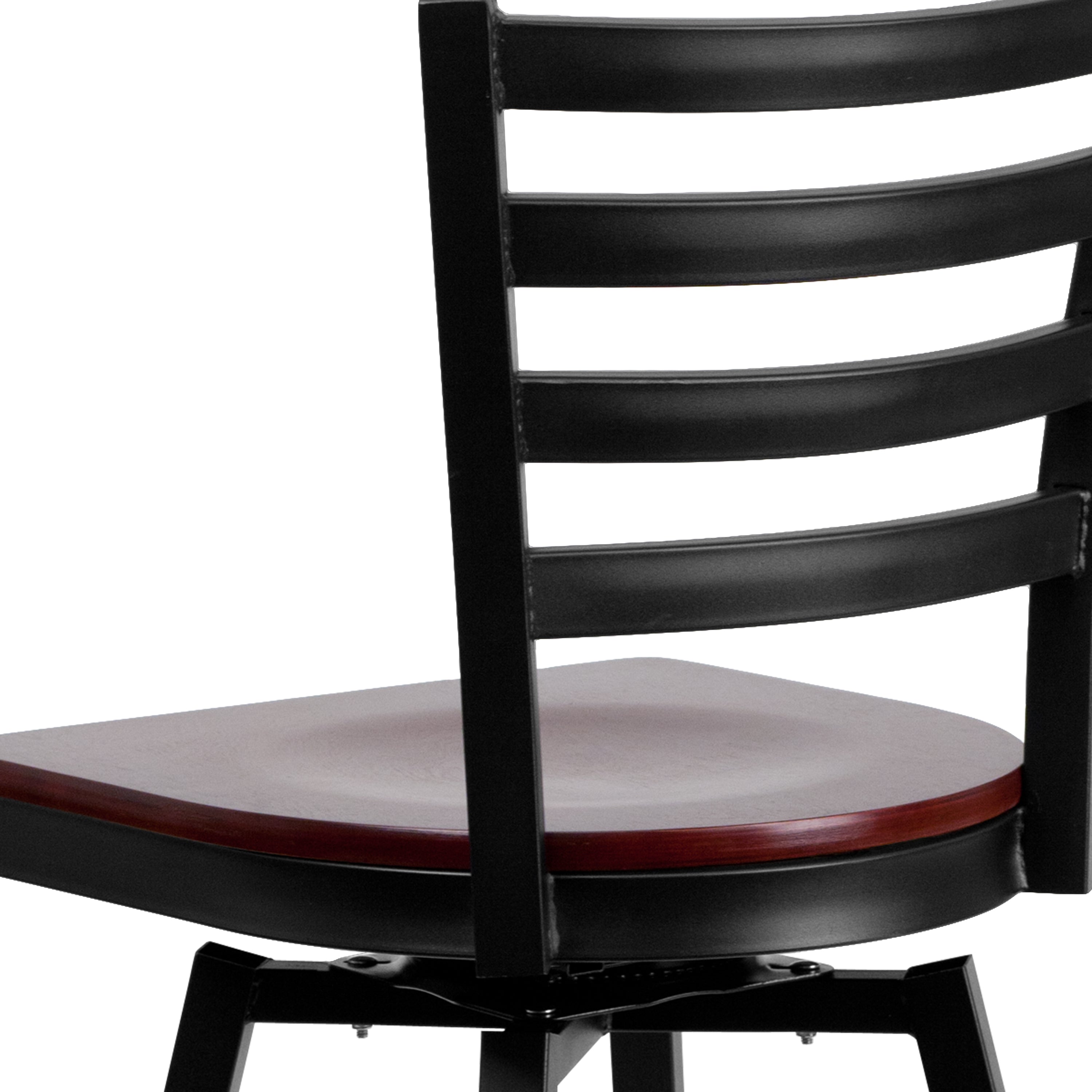 HERCULES Series Black Ladder Back Swivel Metal Barstool - Mahogany Wood Seat