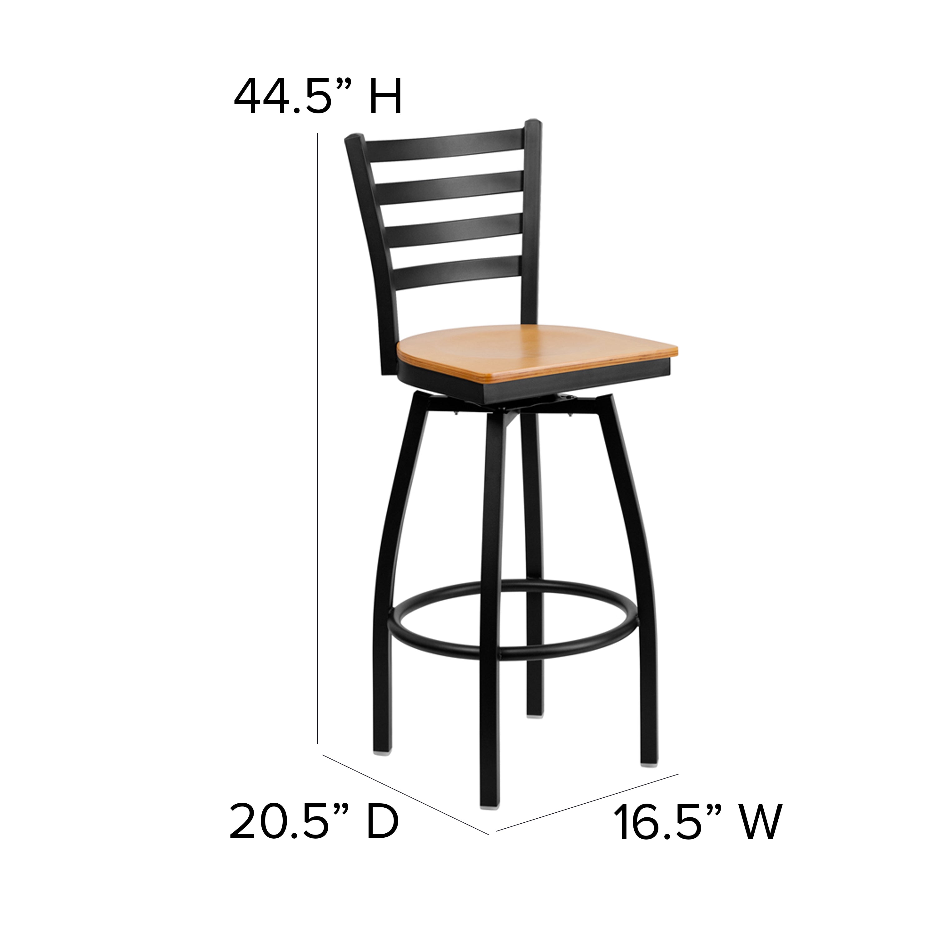 HERCULES Series Black Ladder Back Swivel Metal Barstool - Natural Wood Seat