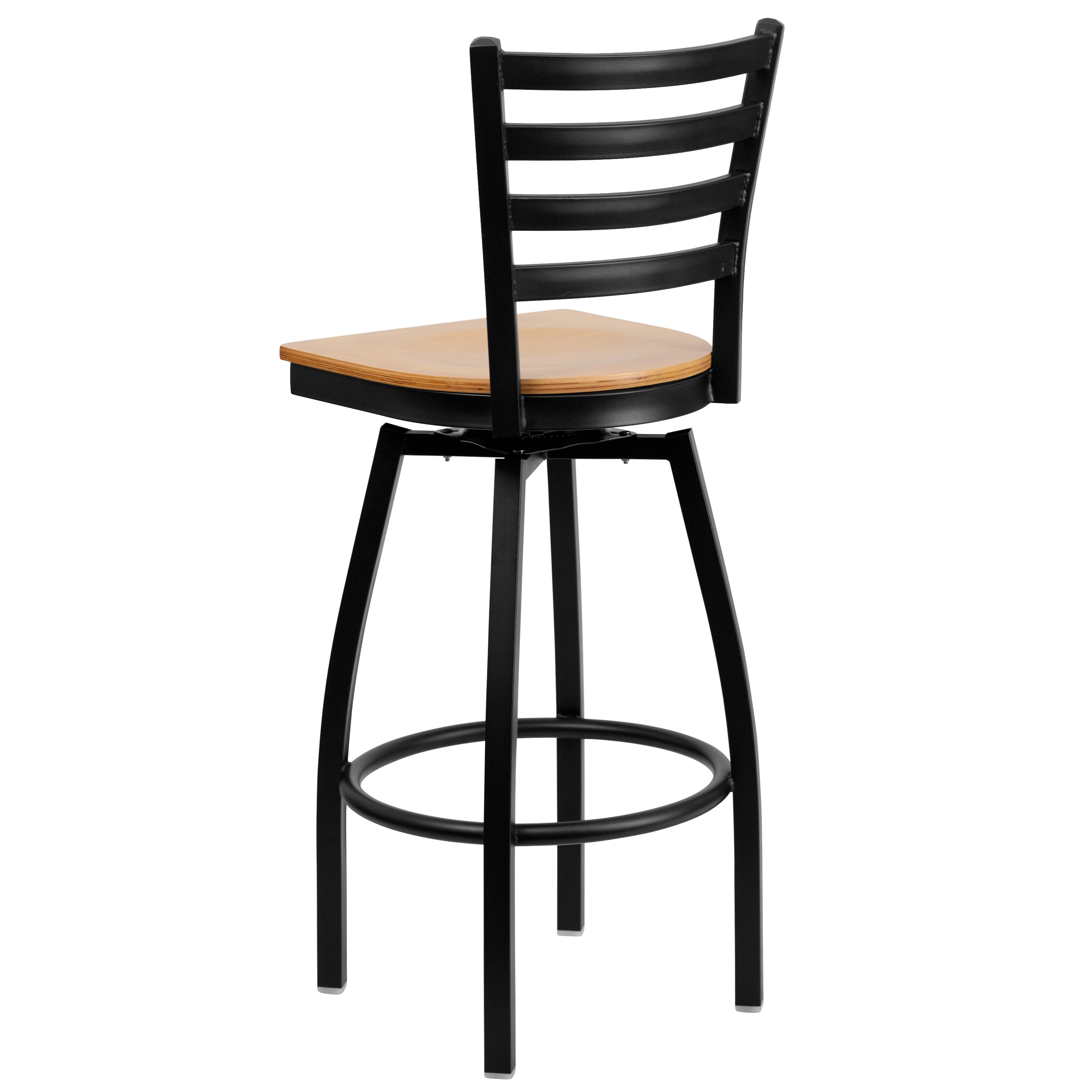 HERCULES Series Black Ladder Back Swivel Metal Barstool - Natural Wood Seat