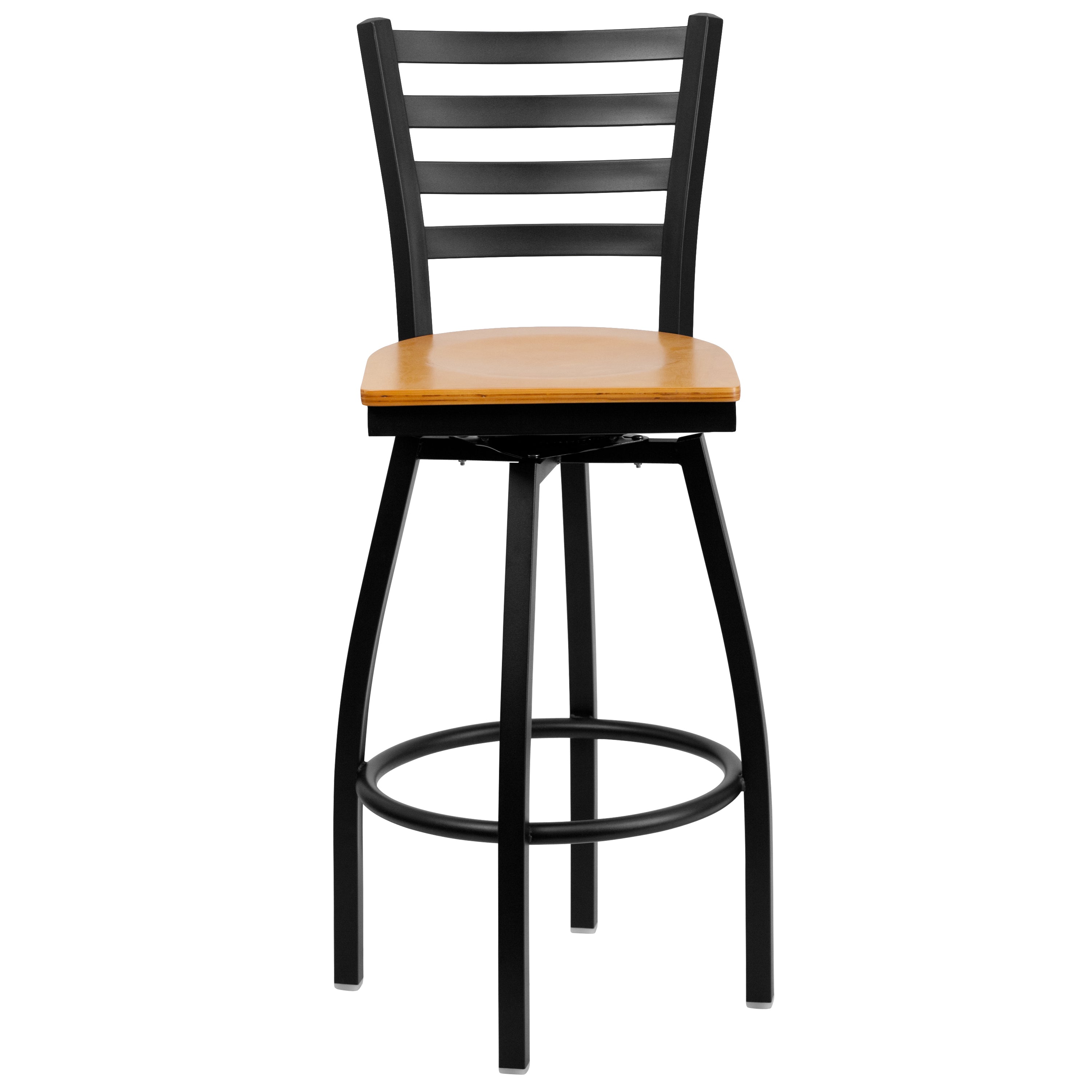 HERCULES Series Black Ladder Back Swivel Metal Barstool - Natural Wood Seat