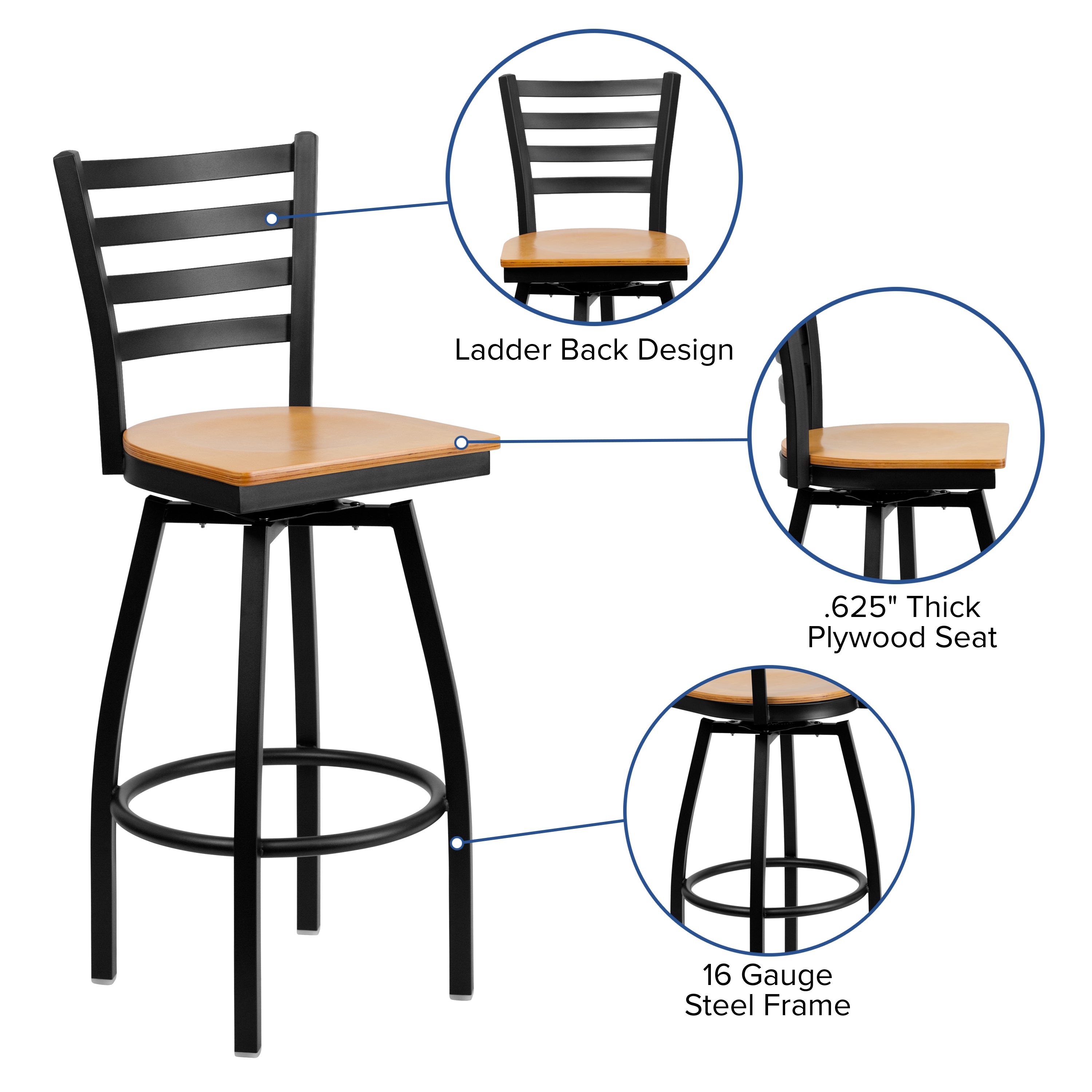 HERCULES Series Black Ladder Back Swivel Metal Barstool - Natural Wood Seat