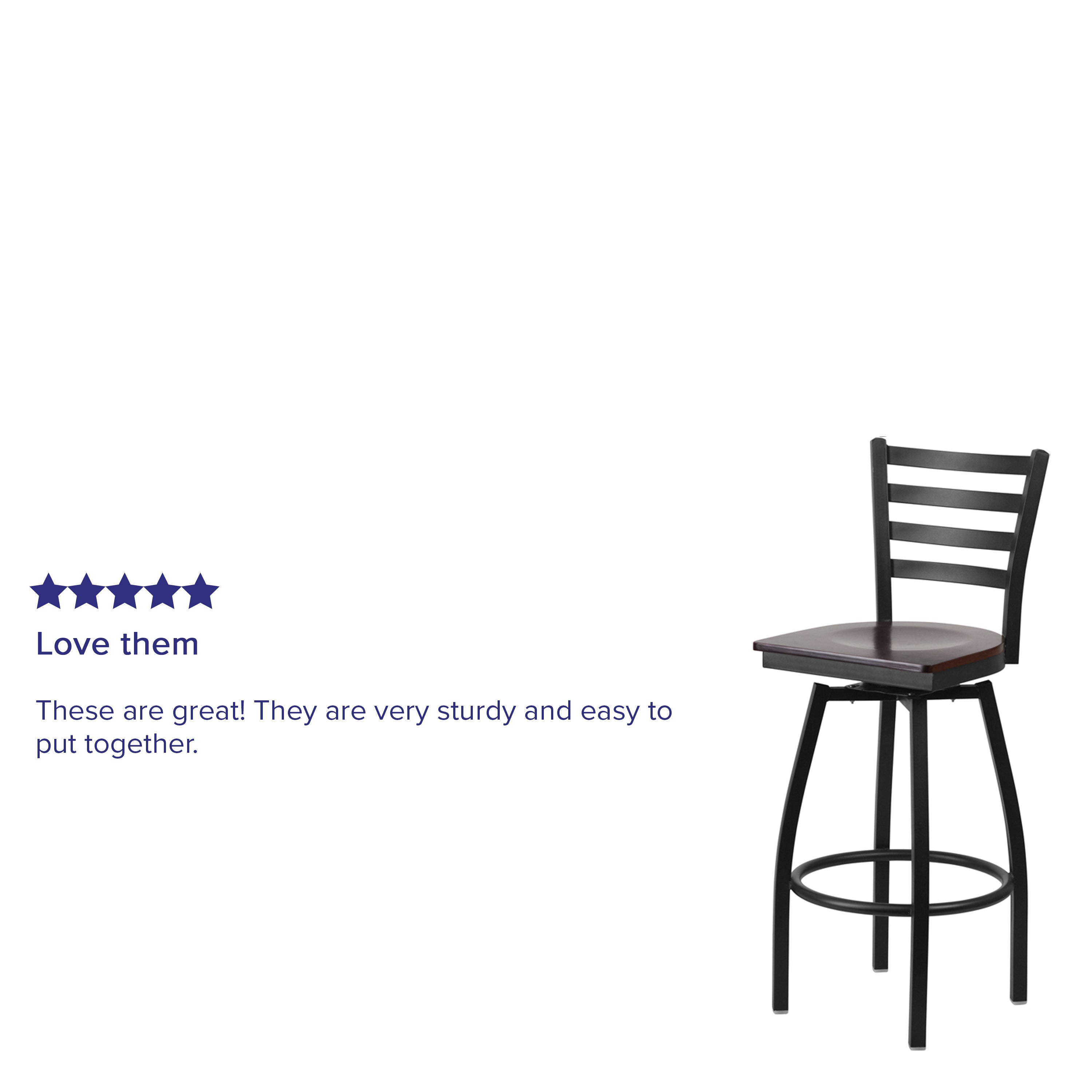 HERCULES Series Black Ladder Back Swivel Metal Barstool - Walnut Wood Seat