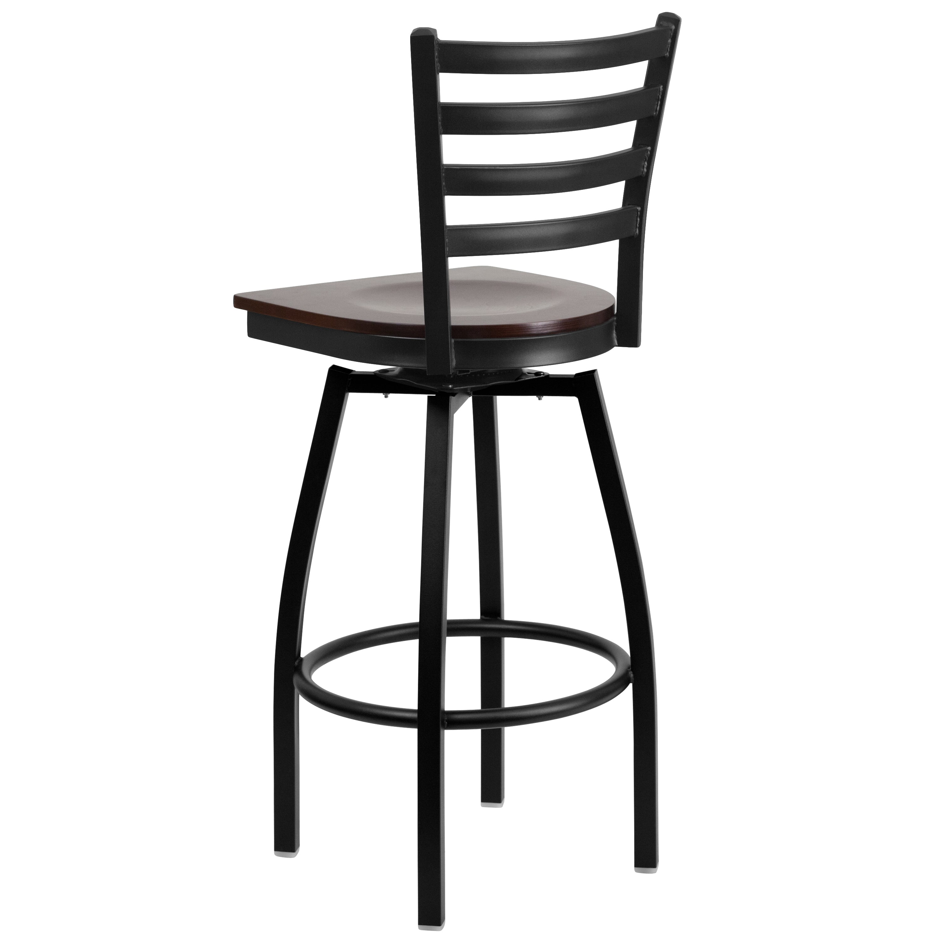 HERCULES Series Black Ladder Back Swivel Metal Barstool - Walnut Wood Seat