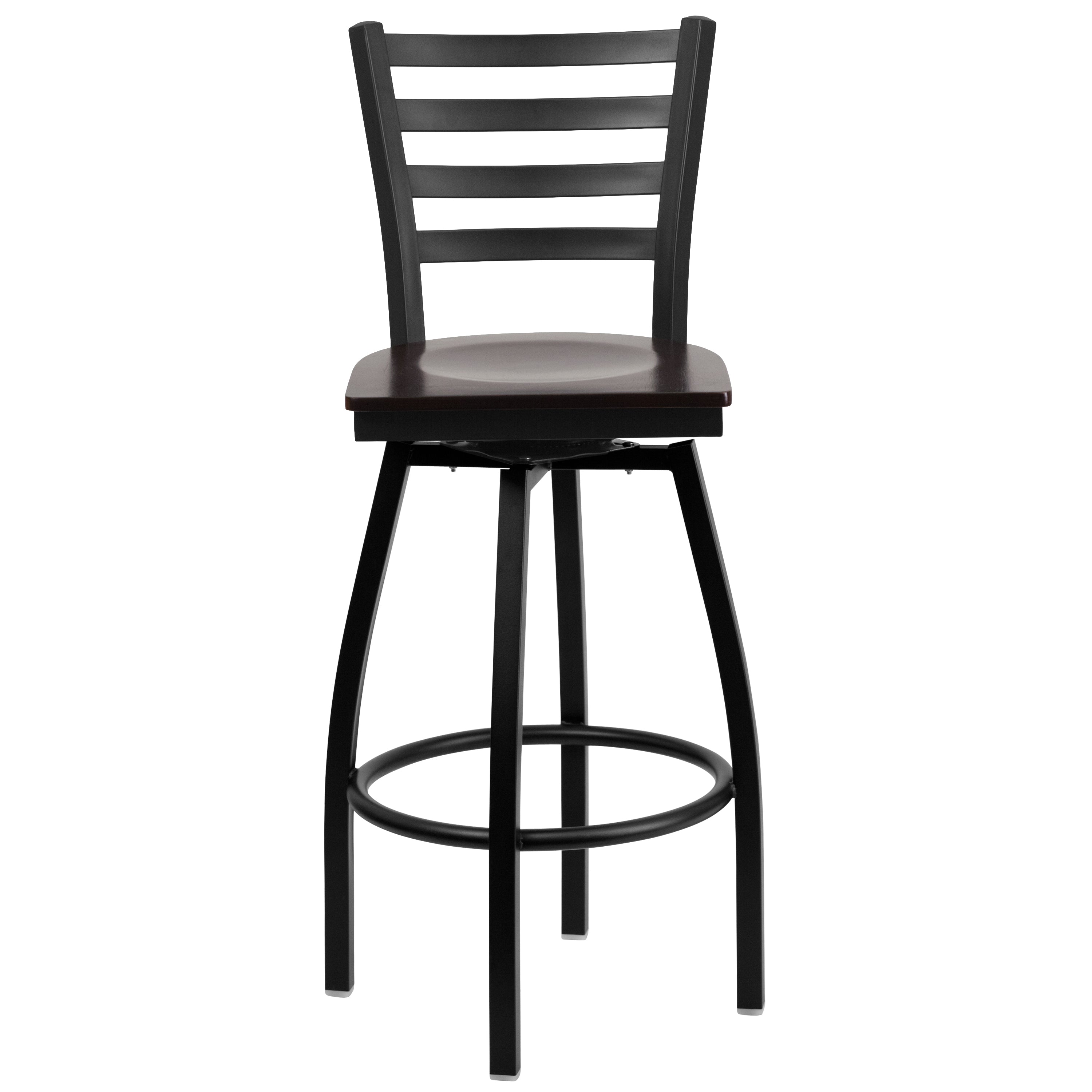 HERCULES Series Black Ladder Back Swivel Metal Barstool - Walnut Wood Seat