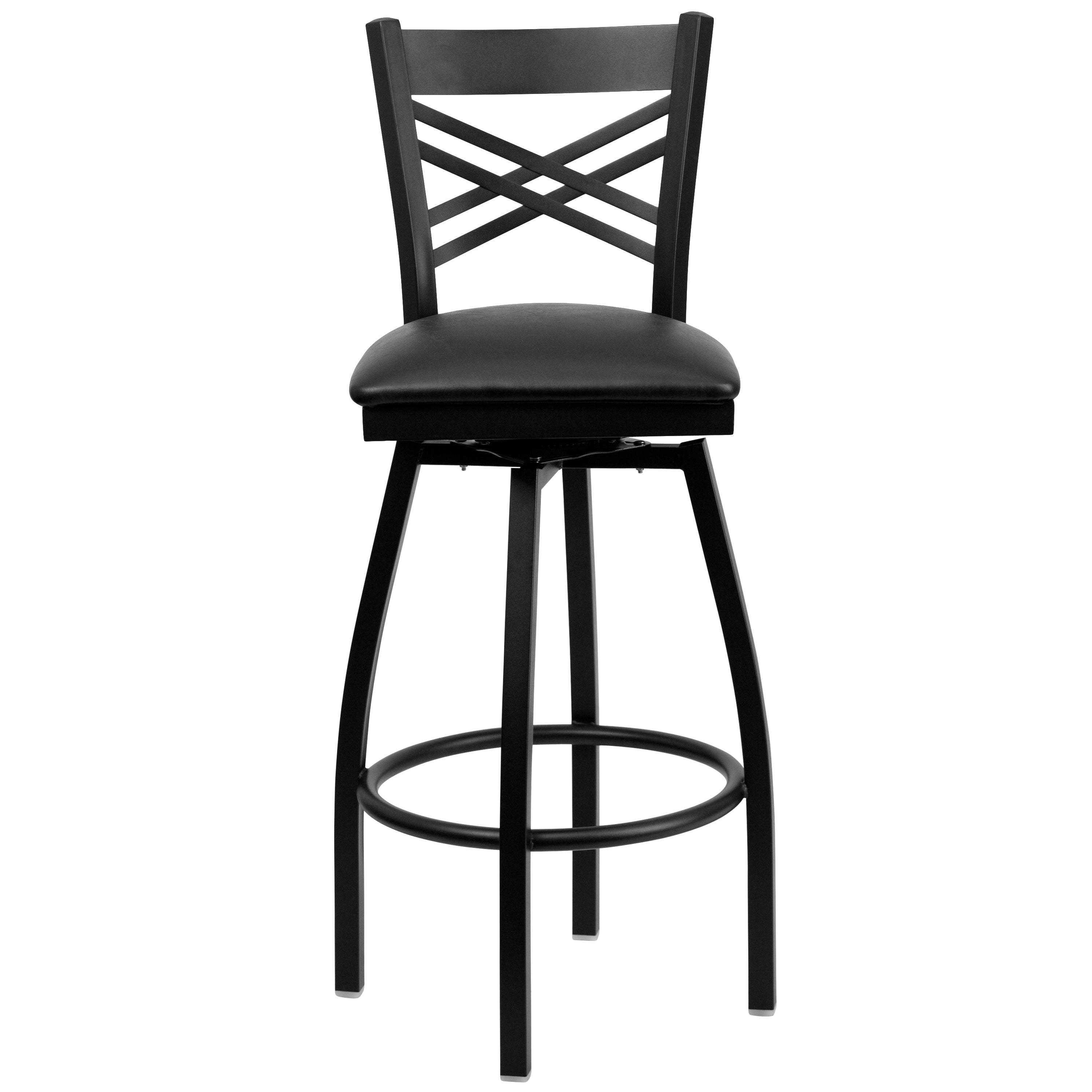 HERCULES Series Black ''X'' Back Swivel Metal Barstool - Black Vinyl Seat