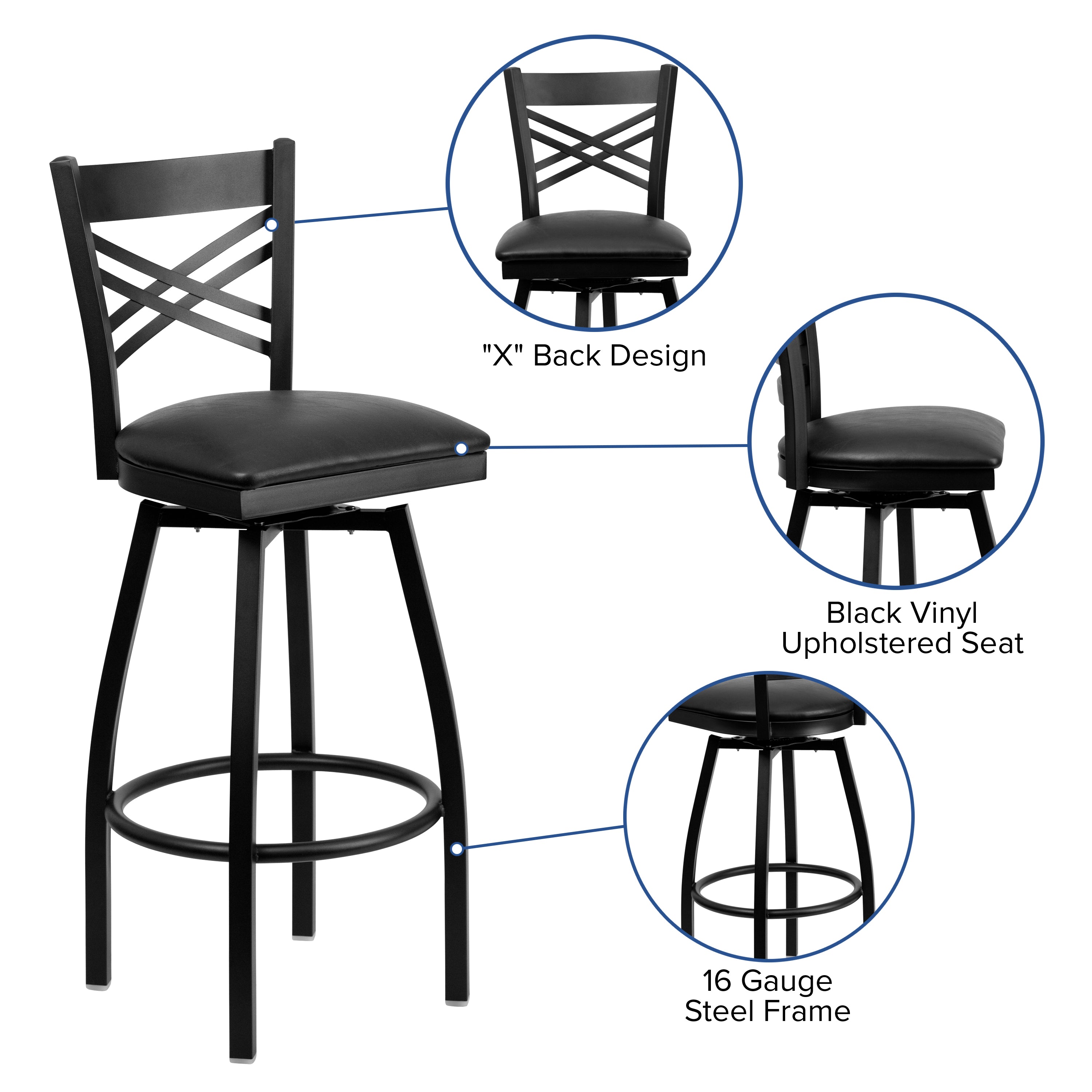 HERCULES Series Black ''X'' Back Swivel Metal Barstool - Black Vinyl Seat