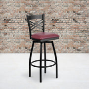 HERCULES Series Black ''X'' Back Swivel Metal Barstool - Burgundy Vinyl Seat