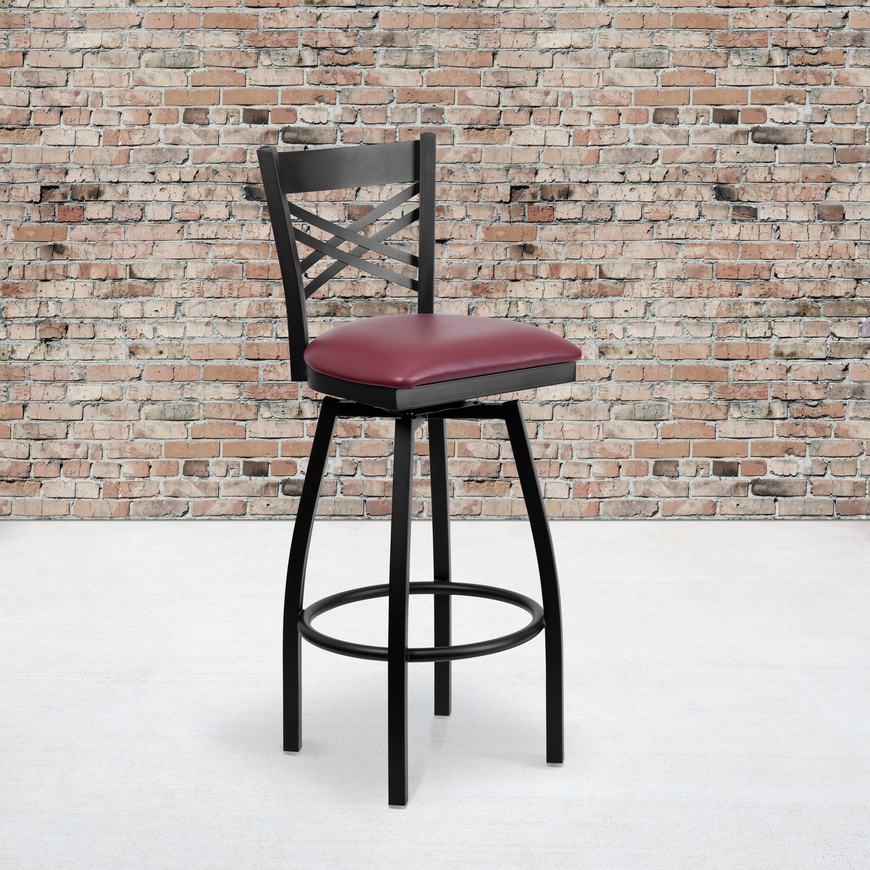 HERCULES Series Black ''X'' Back Swivel Metal Barstool - Burgundy Vinyl Seat