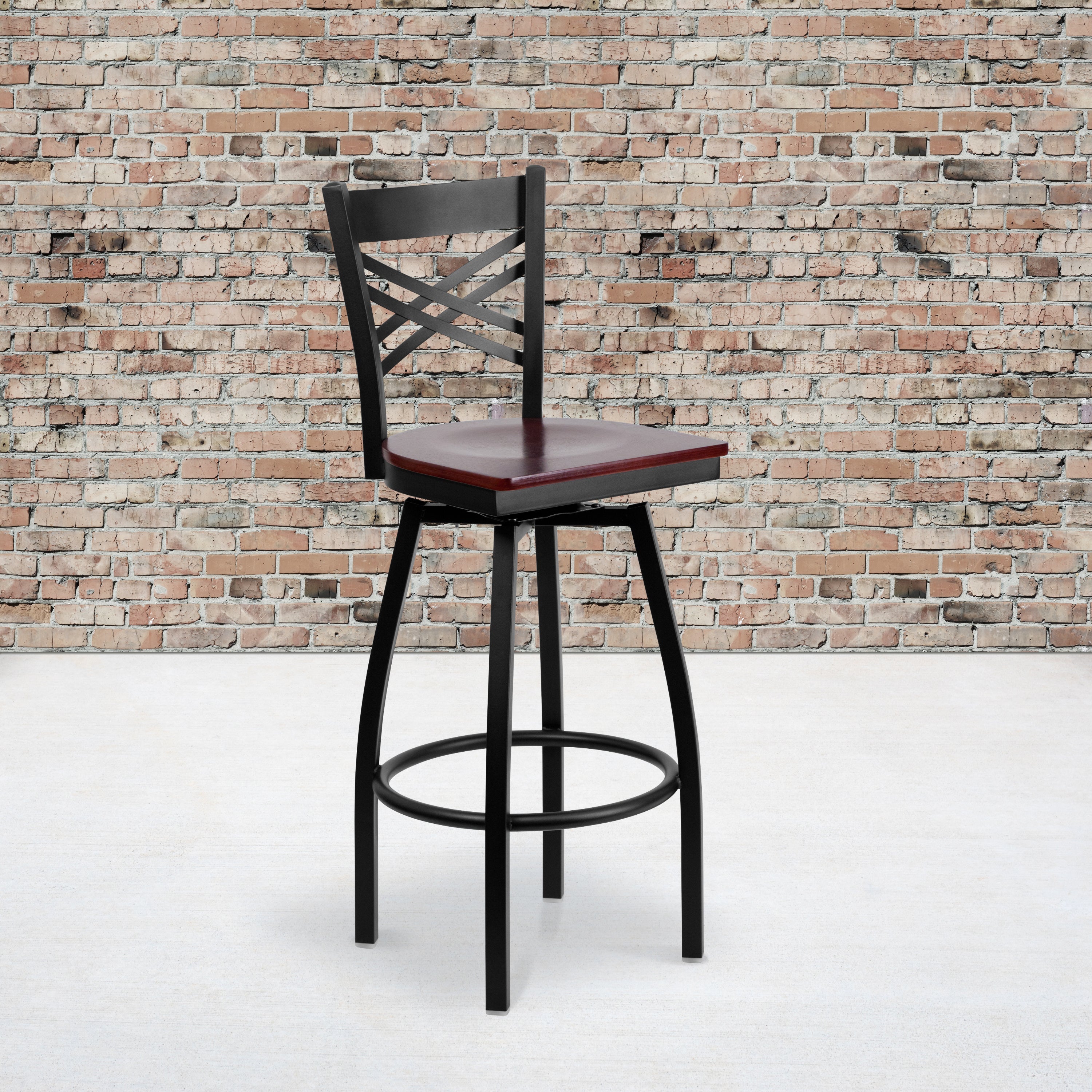 HERCULES Series Black ''X'' Back Swivel Metal Barstool - Mahogany Wood Seat