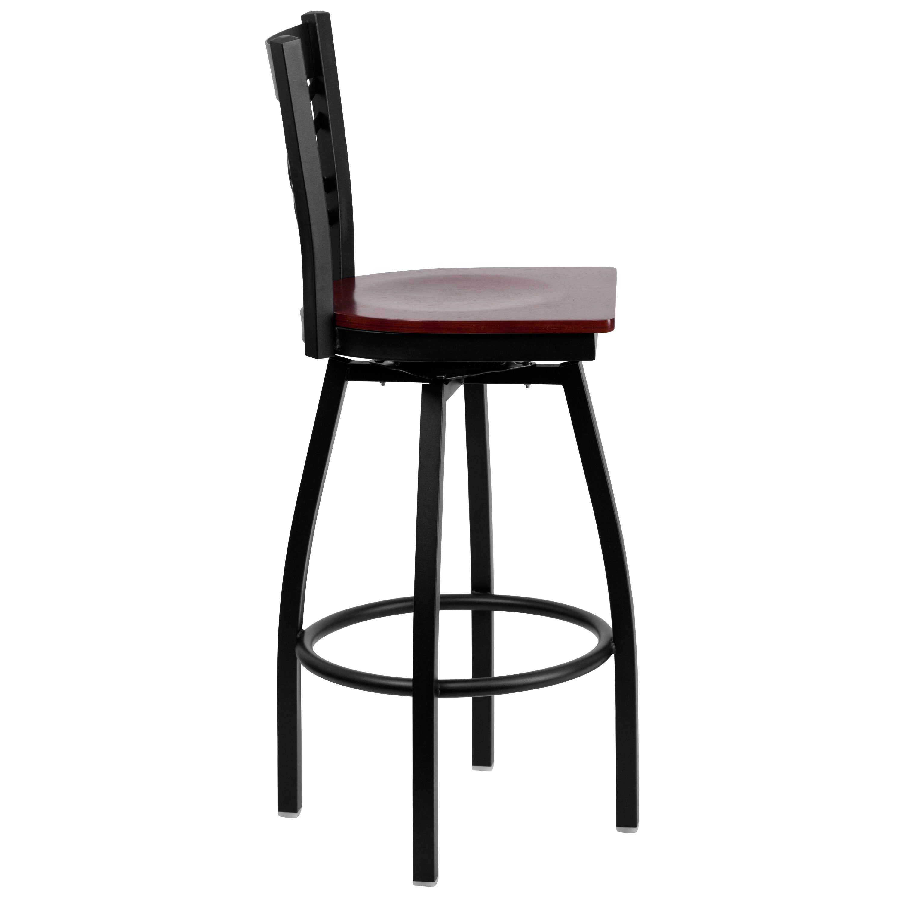 HERCULES Series Black ''X'' Back Swivel Metal Barstool - Mahogany Wood Seat