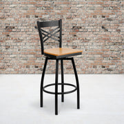 HERCULES Series Black ''X'' Back Swivel Metal Barstool - Natural Wood Seat