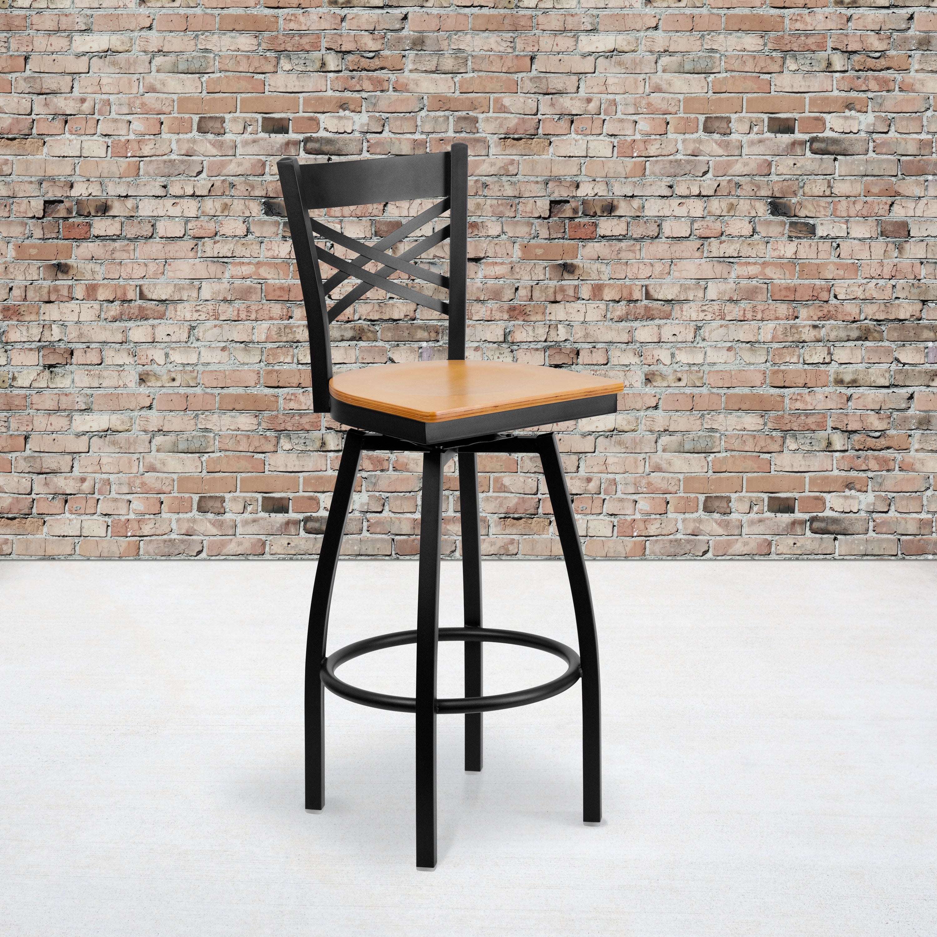 HERCULES Series Black ''X'' Back Swivel Metal Barstool - Natural Wood Seat
