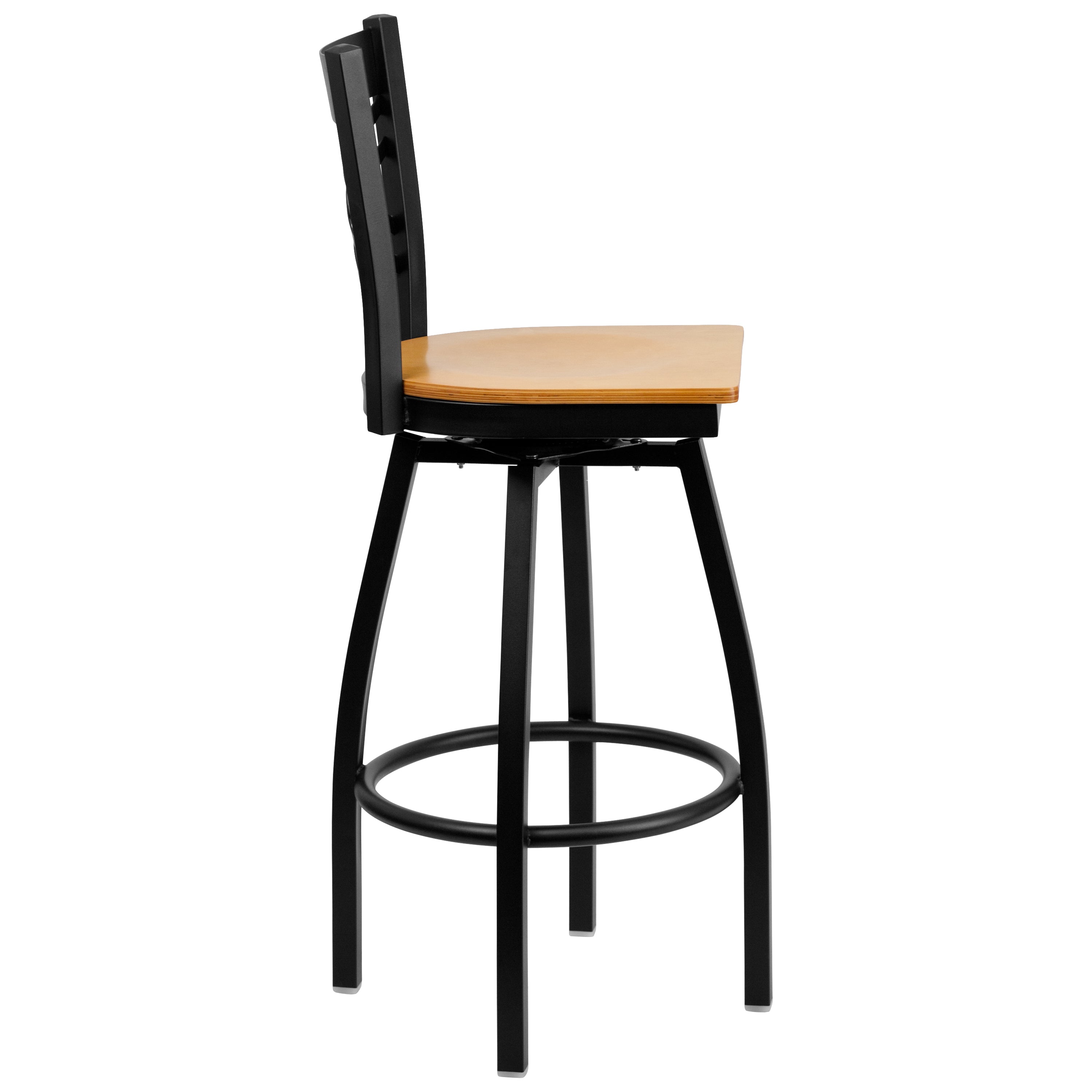 HERCULES Series Black ''X'' Back Swivel Metal Barstool - Natural Wood Seat
