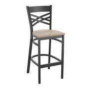 HERCULES Series Black ''X'' Back Metal Restaurant Barstool - Antique White Wood Seat