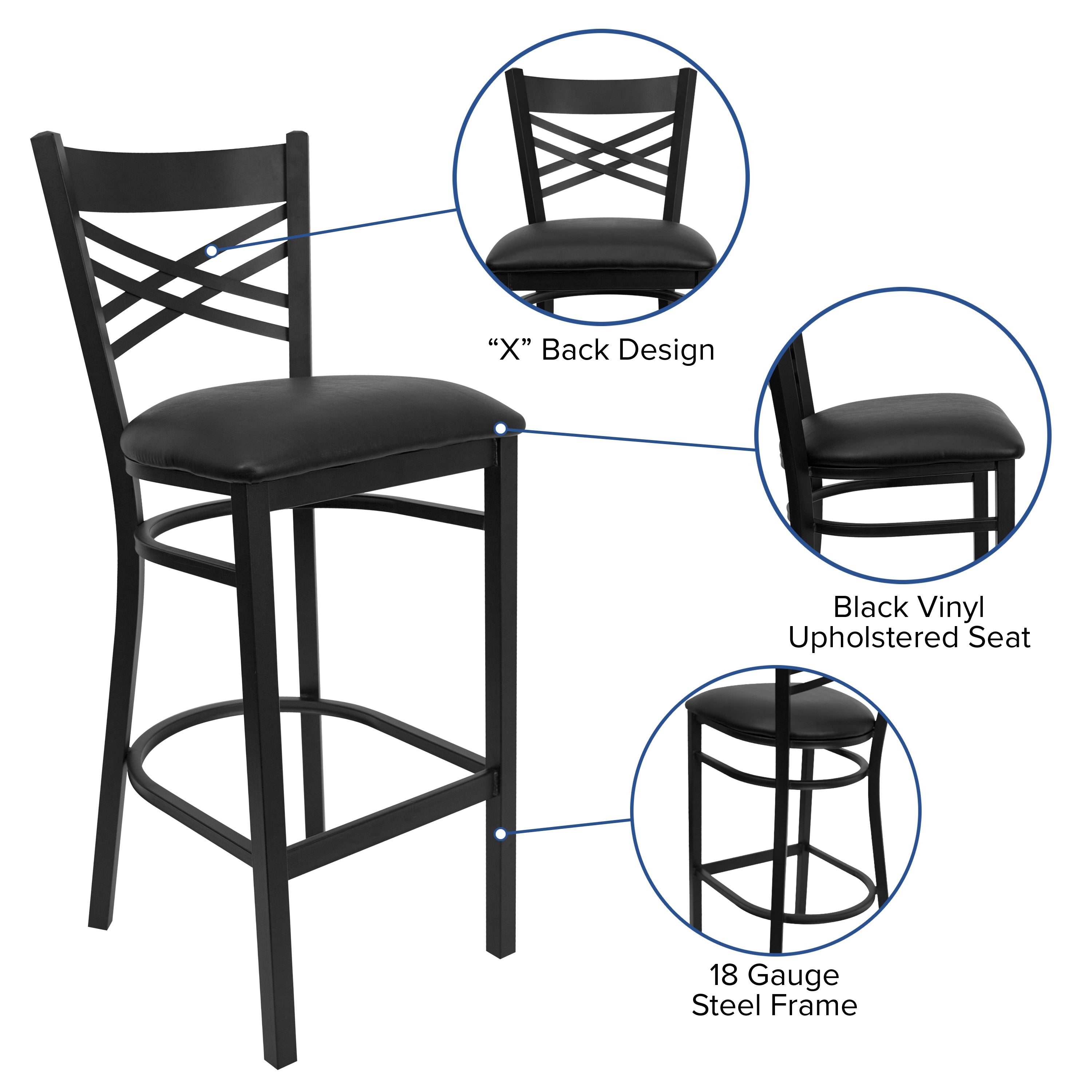 HERCULES Series Black ''X'' Back Metal Restaurant Barstool - Black Vinyl Seat