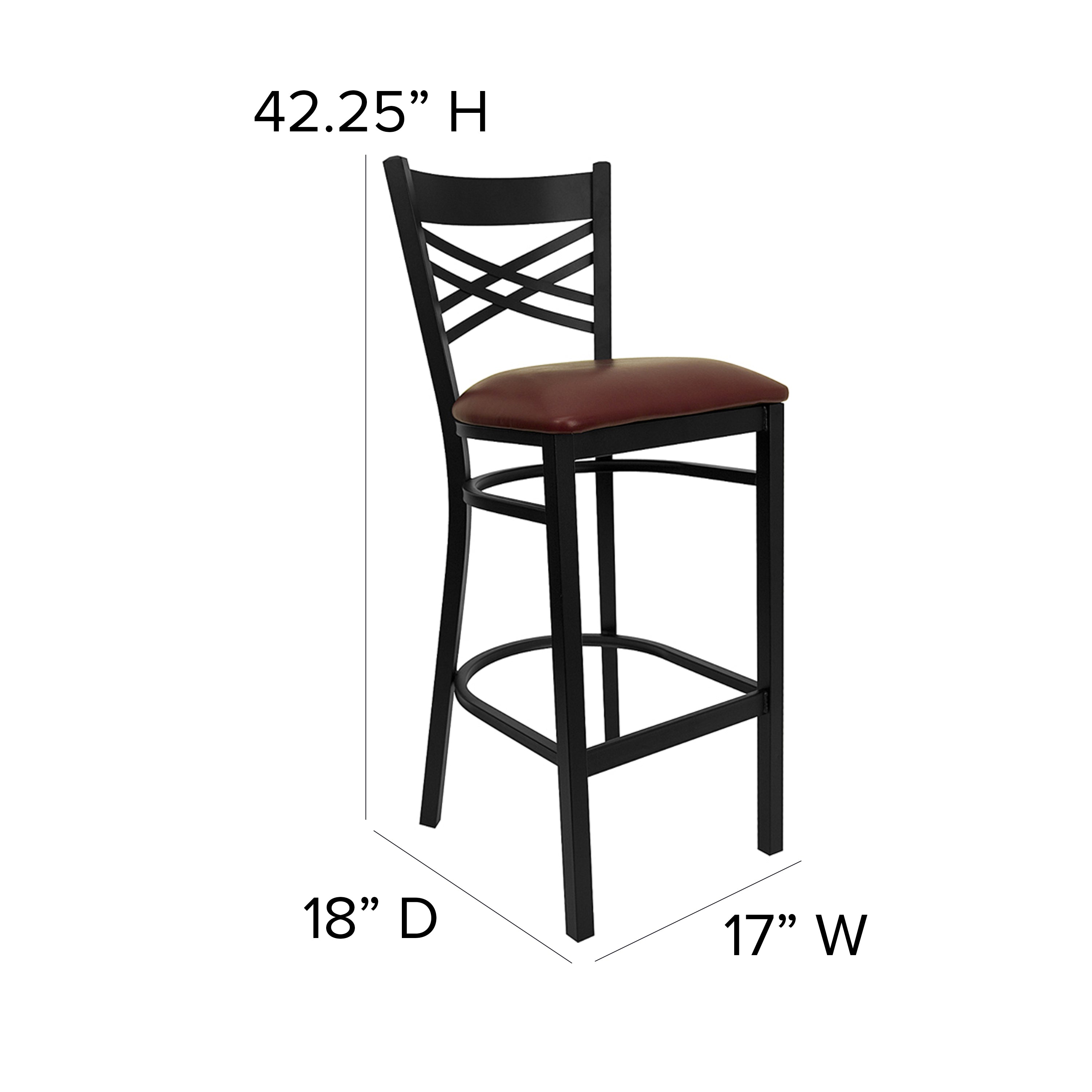 HERCULES Series Black ''X'' Back Metal Restaurant Barstool - Burgundy Vinyl Seat