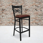 HERCULES Series Black ''X'' Back Metal Restaurant Barstool - Burgundy Vinyl Seat