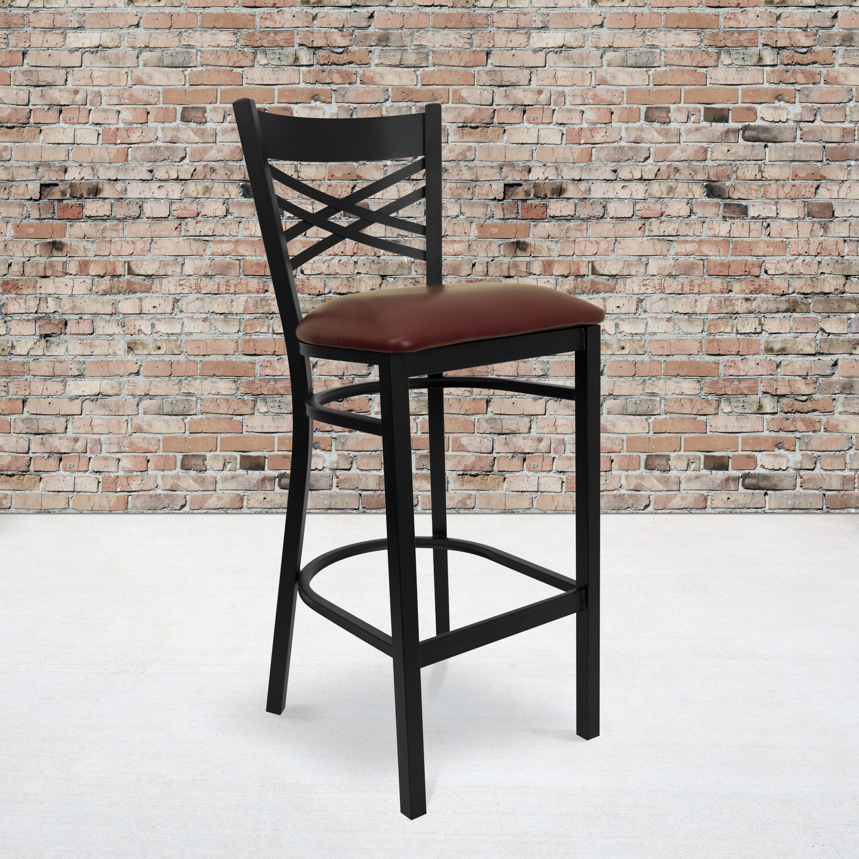 HERCULES Series Black ''X'' Back Metal Restaurant Barstool - Burgundy Vinyl Seat