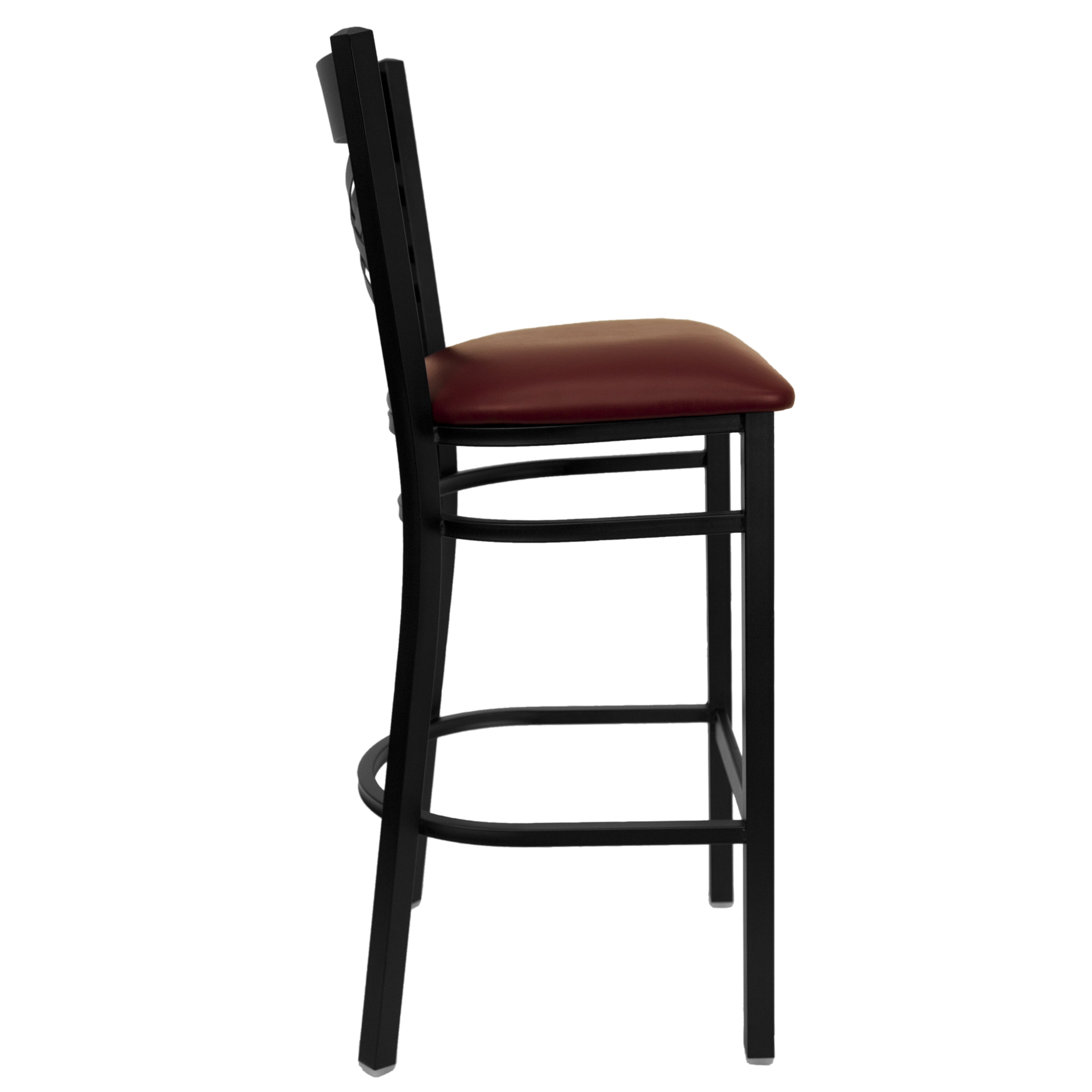 HERCULES Series Black ''X'' Back Metal Restaurant Barstool - Burgundy Vinyl Seat