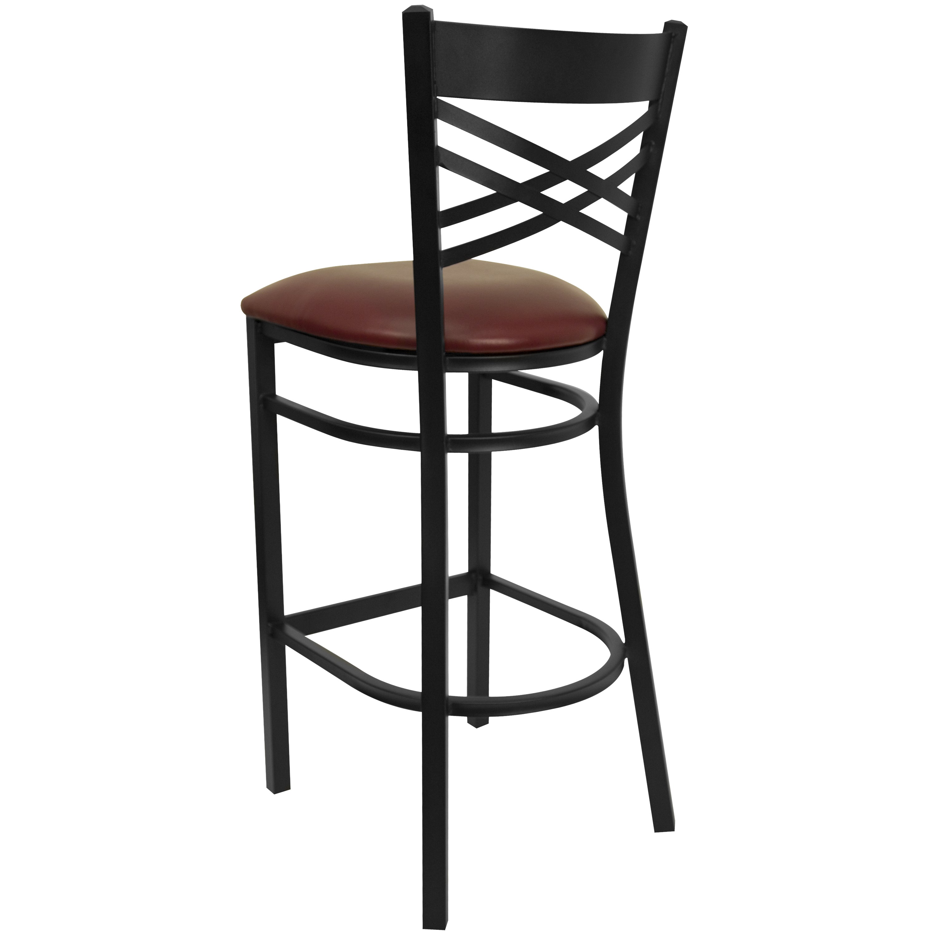 HERCULES Series Black ''X'' Back Metal Restaurant Barstool - Burgundy Vinyl Seat