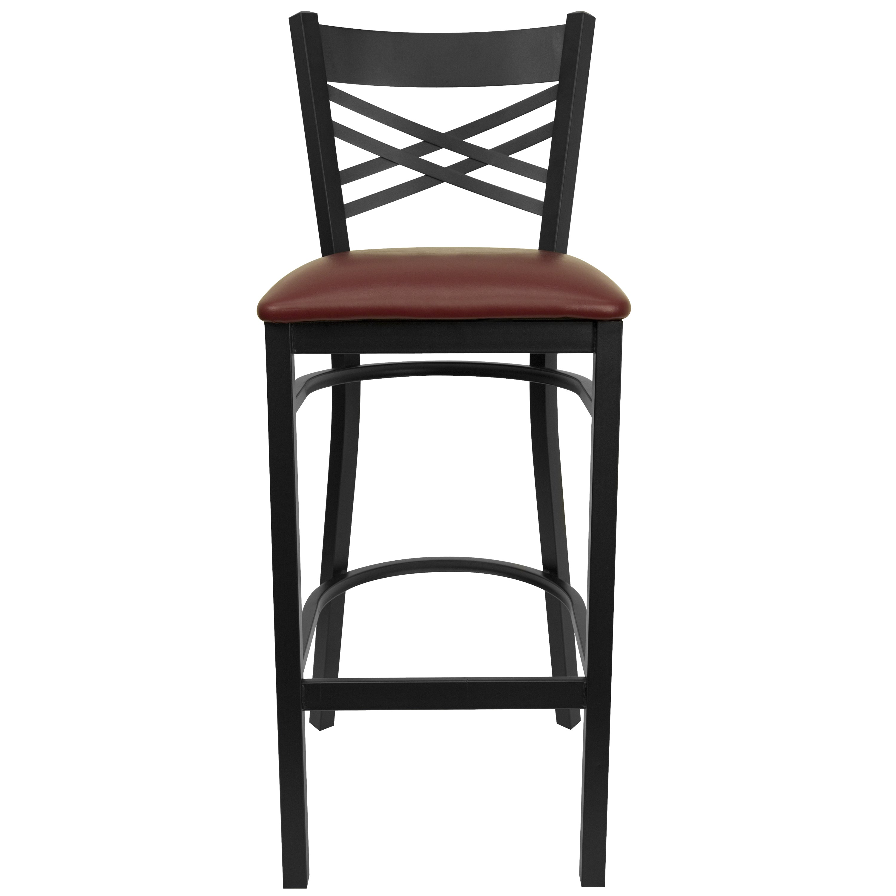 HERCULES Series Black ''X'' Back Metal Restaurant Barstool - Burgundy Vinyl Seat