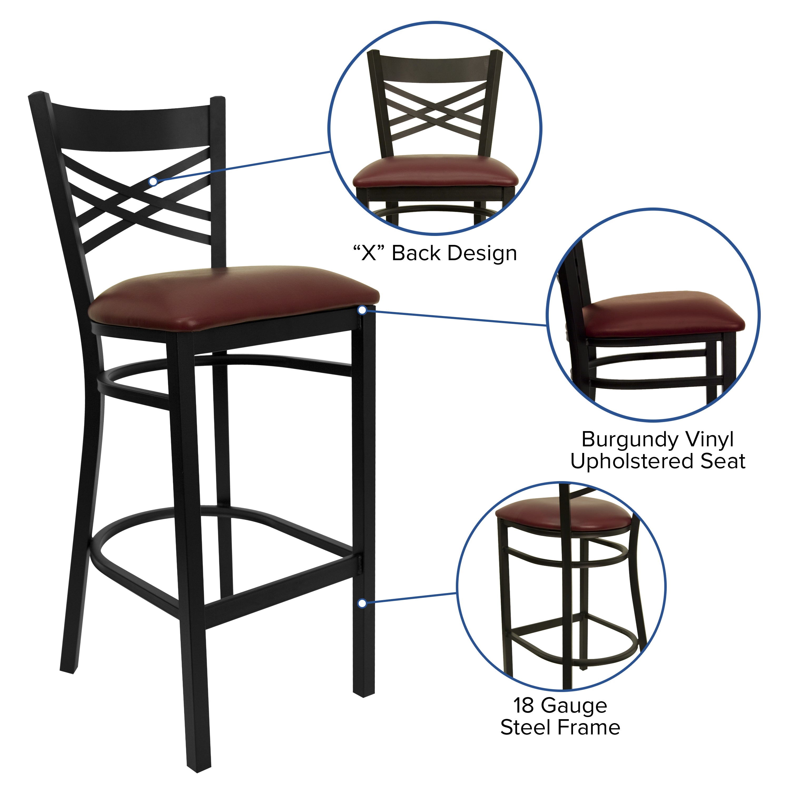 HERCULES Series Black ''X'' Back Metal Restaurant Barstool - Burgundy Vinyl Seat