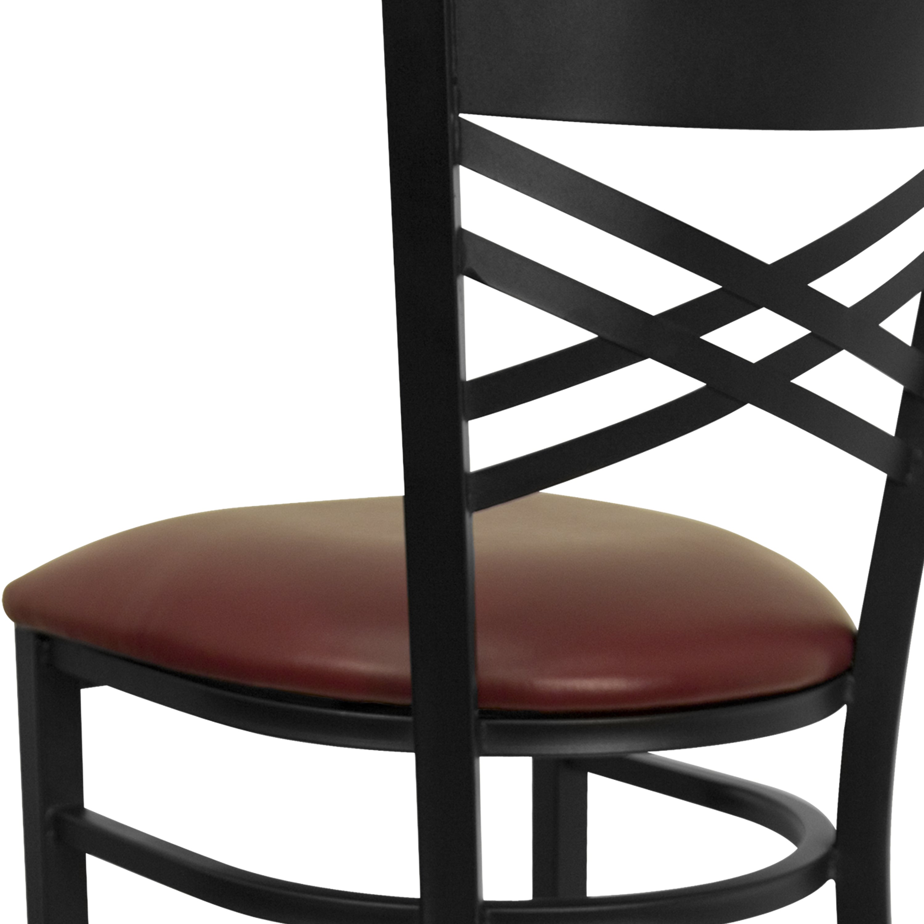 HERCULES Series Black ''X'' Back Metal Restaurant Barstool - Burgundy Vinyl Seat