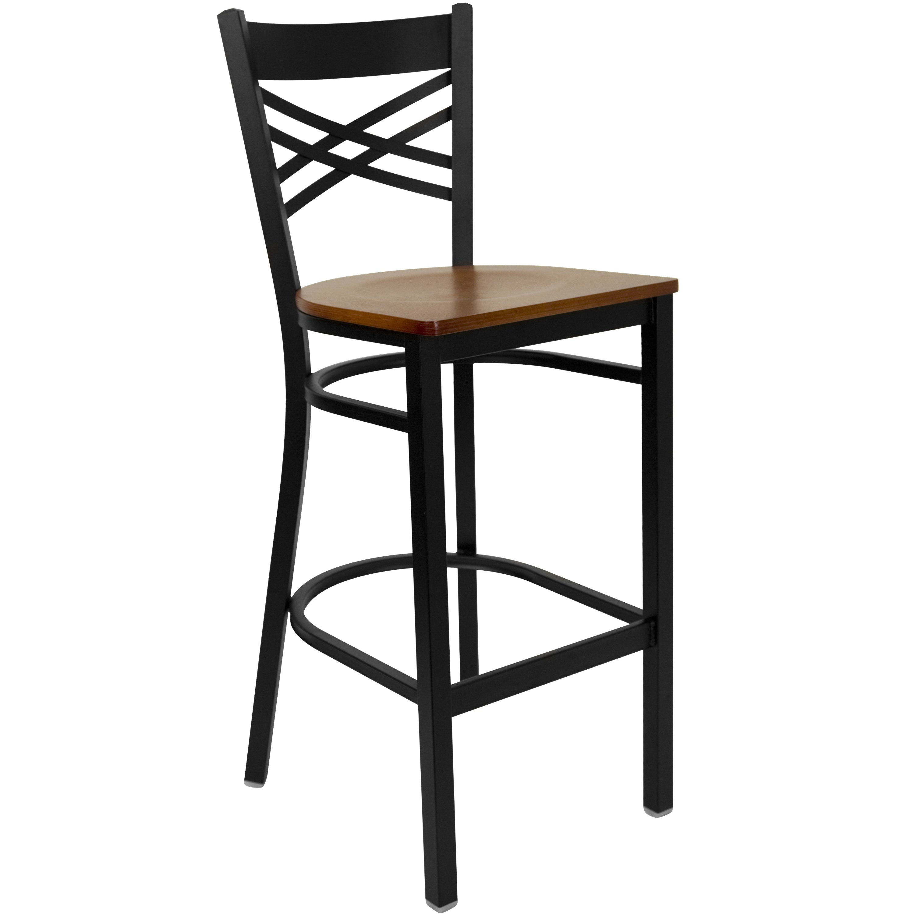 HERCULES Series Black ''X'' Back Metal Restaurant Barstool - Cherry Wood Seat
