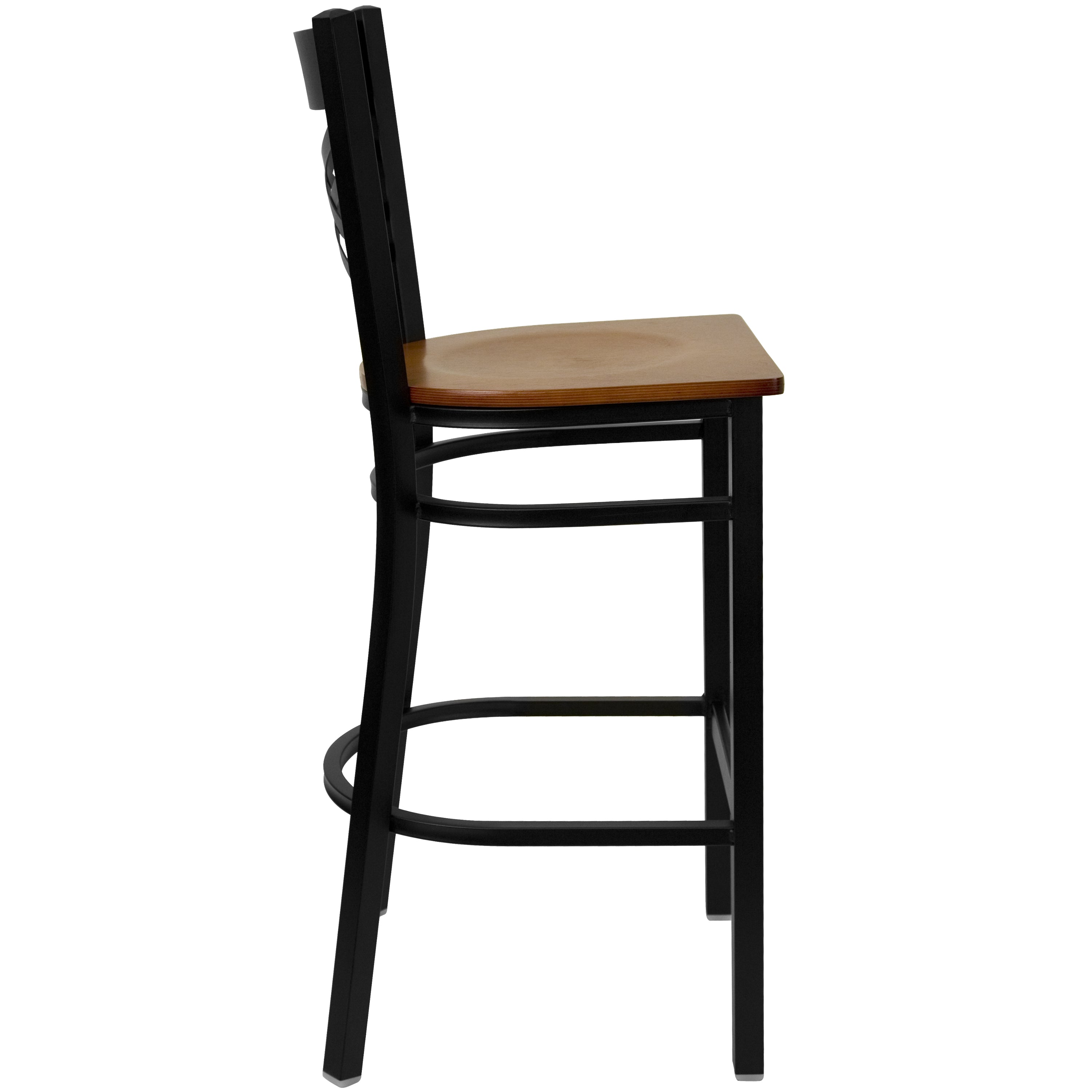 HERCULES Series Black ''X'' Back Metal Restaurant Barstool - Cherry Wood Seat
