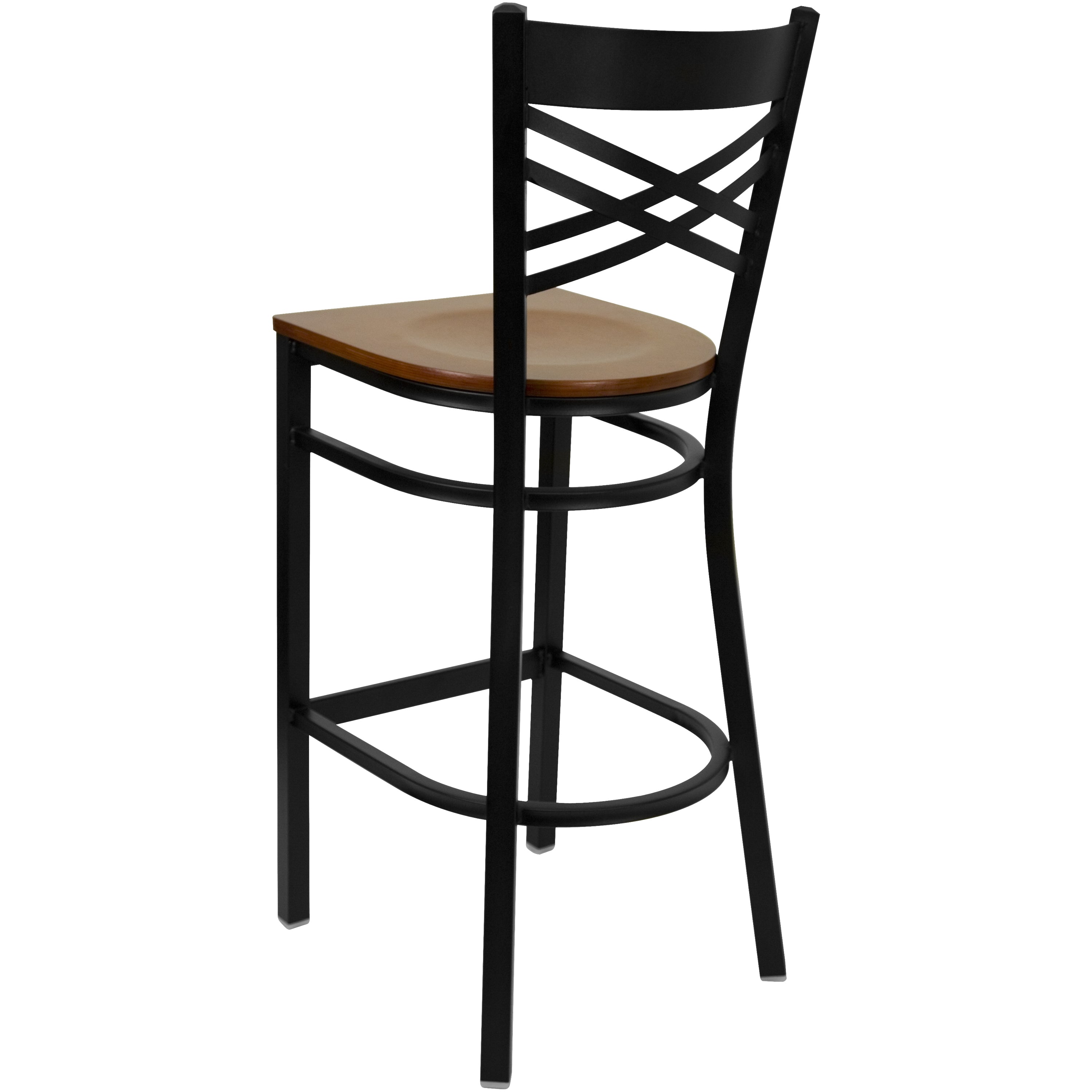 HERCULES Series Black ''X'' Back Metal Restaurant Barstool - Cherry Wood Seat