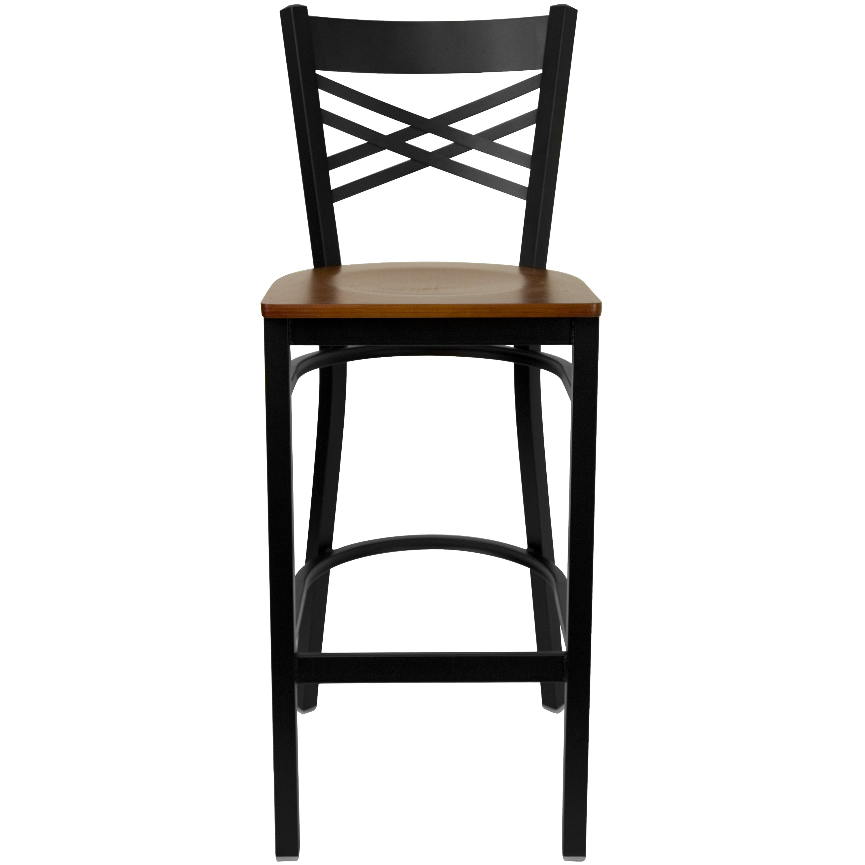 HERCULES Series Black ''X'' Back Metal Restaurant Barstool - Cherry Wood Seat