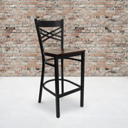 HERCULES Series Black ''X'' Back Metal Restaurant Barstool - Mahogany Wood Seat