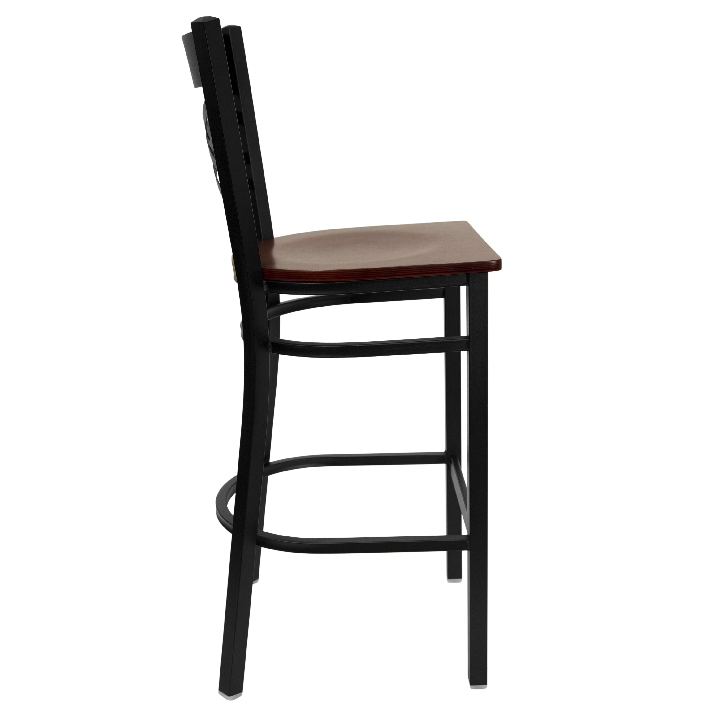 HERCULES Series Black ''X'' Back Metal Restaurant Barstool - Mahogany Wood Seat