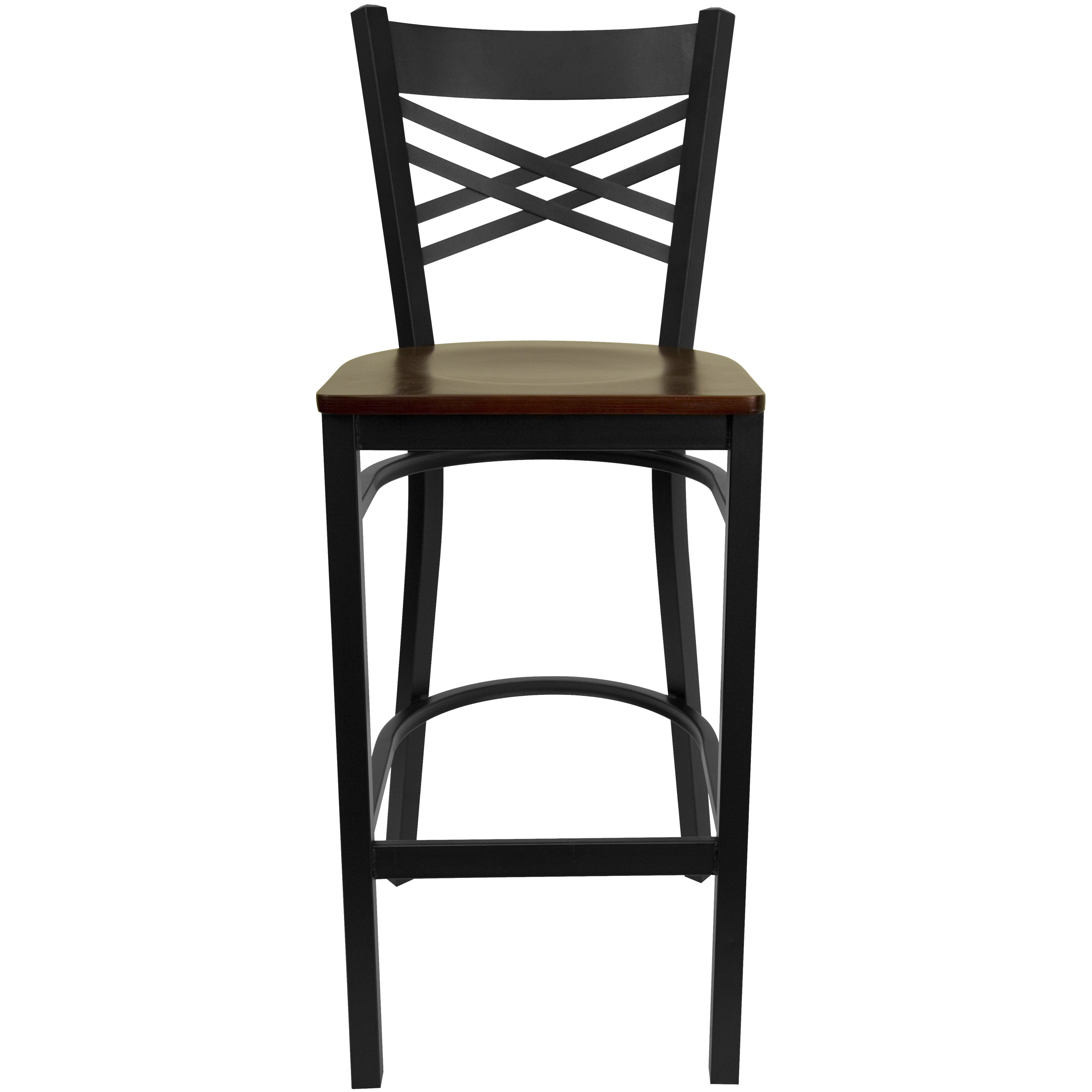 HERCULES Series Black ''X'' Back Metal Restaurant Barstool - Mahogany Wood Seat