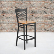HERCULES Series Black ''X'' Back Metal Restaurant Barstool - Natural Wood Seat