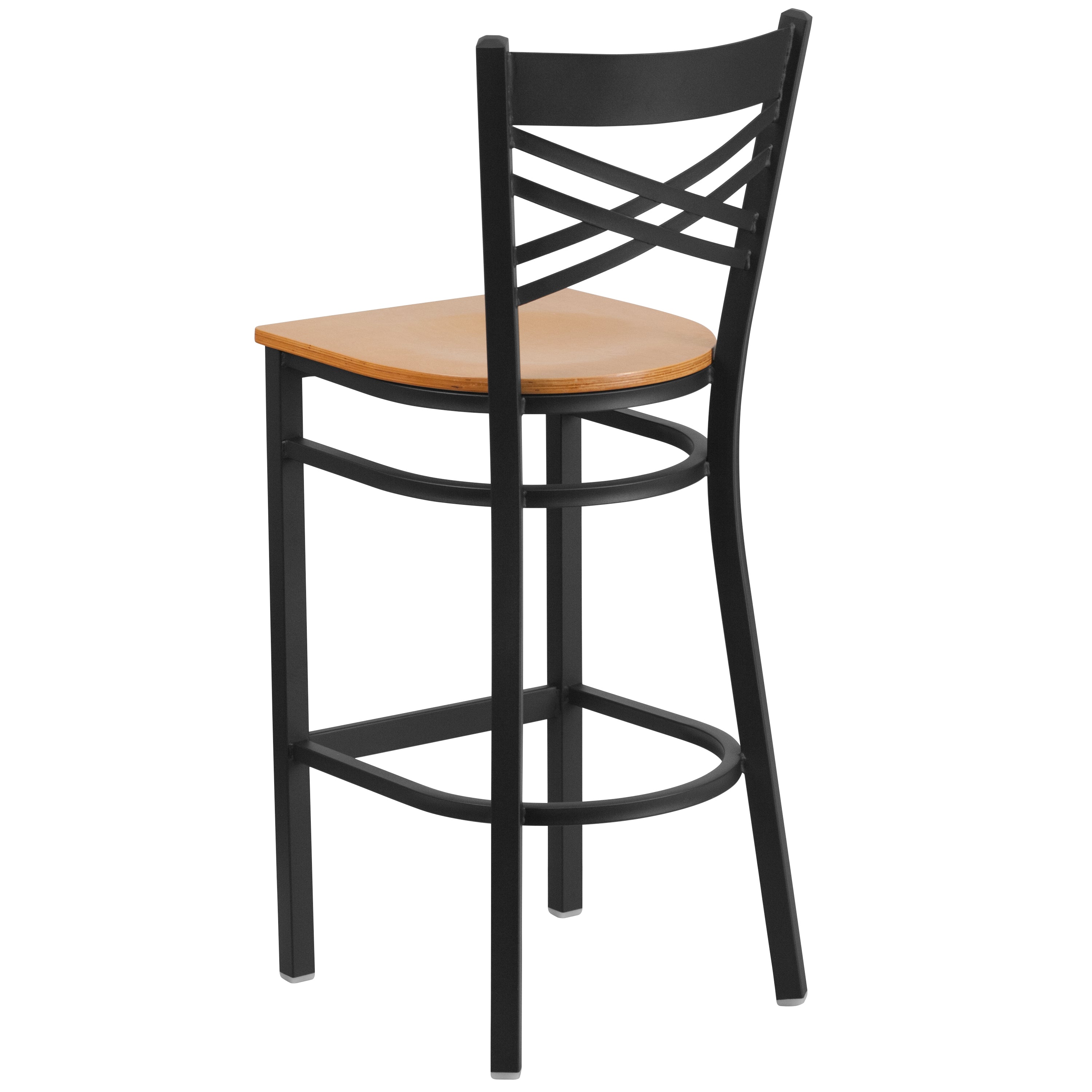 HERCULES Series Black ''X'' Back Metal Restaurant Barstool - Natural Wood Seat