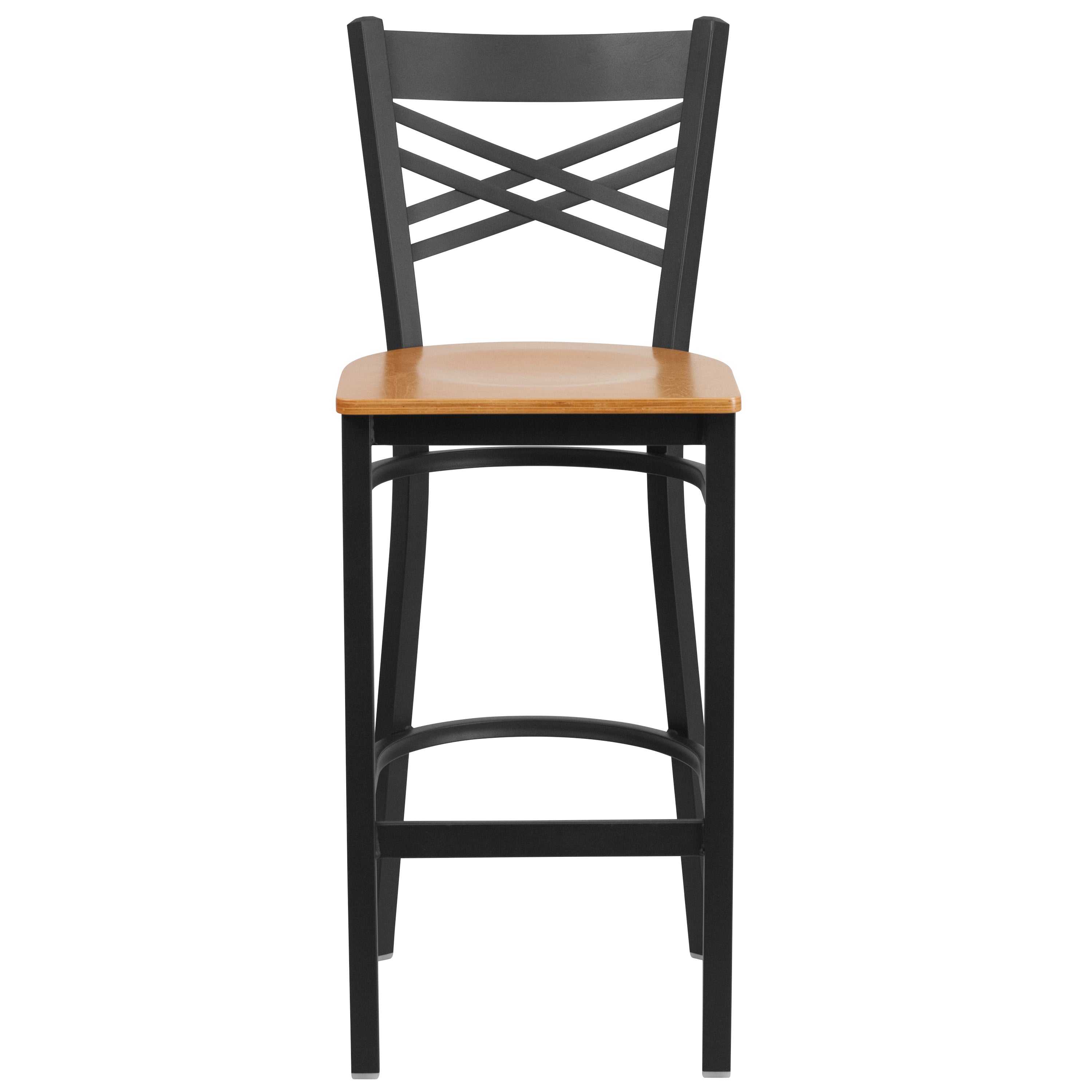 HERCULES Series Black ''X'' Back Metal Restaurant Barstool - Natural Wood Seat