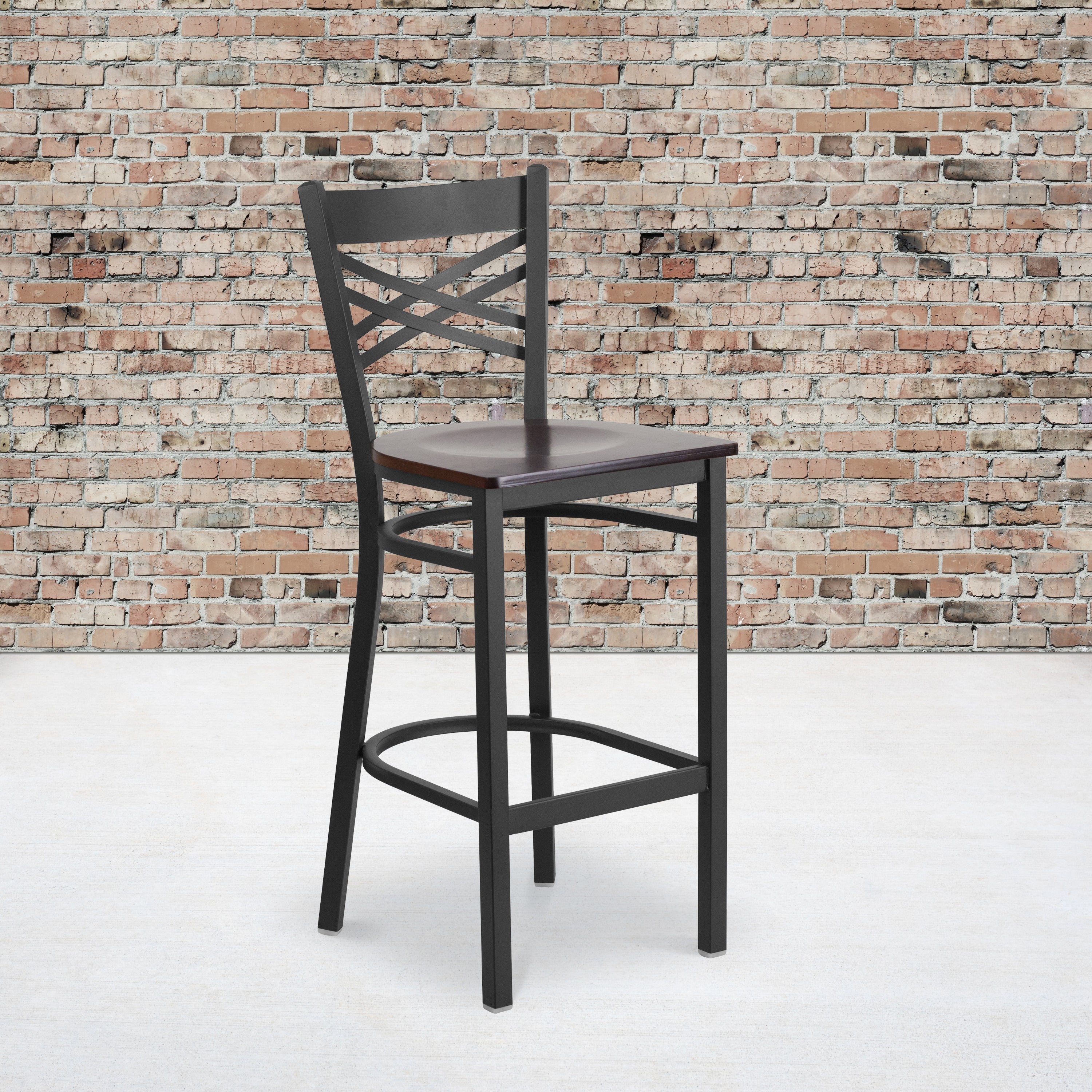 HERCULES Series Black ''X'' Back Metal Restaurant Barstool - Walnut Wood Seat