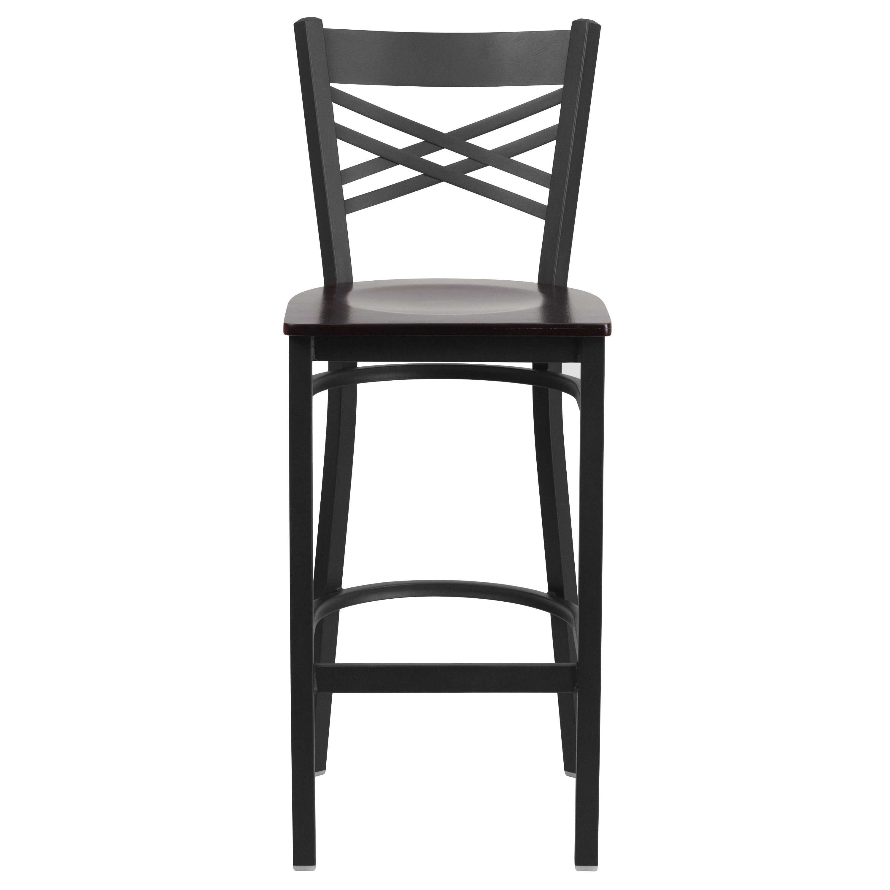 HERCULES Series Black ''X'' Back Metal Restaurant Barstool - Walnut Wood Seat