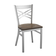HERCULES Series Silver Antique Finish with Clear Coat ''X'' Back Metal Restaurant Chair - Antique Copper Wood Seat