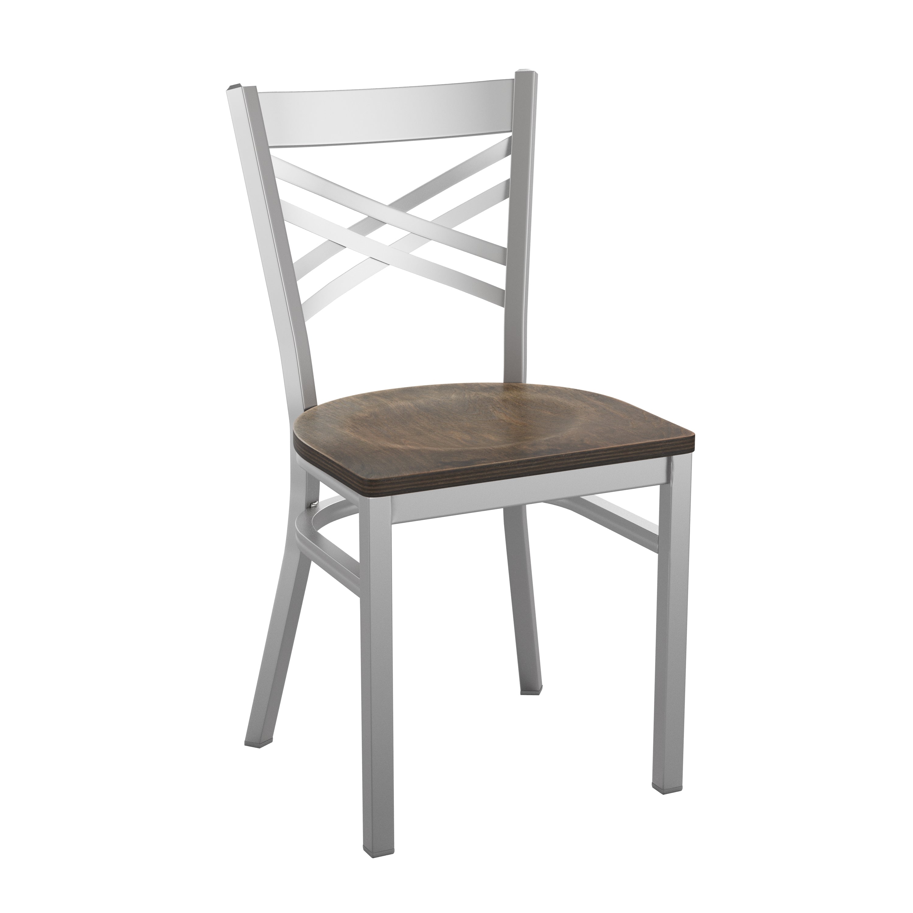 HERCULES Series Silver Antique Finish with Clear Coat ''X'' Back Metal Restaurant Chair - Antique Copper Wood Seat