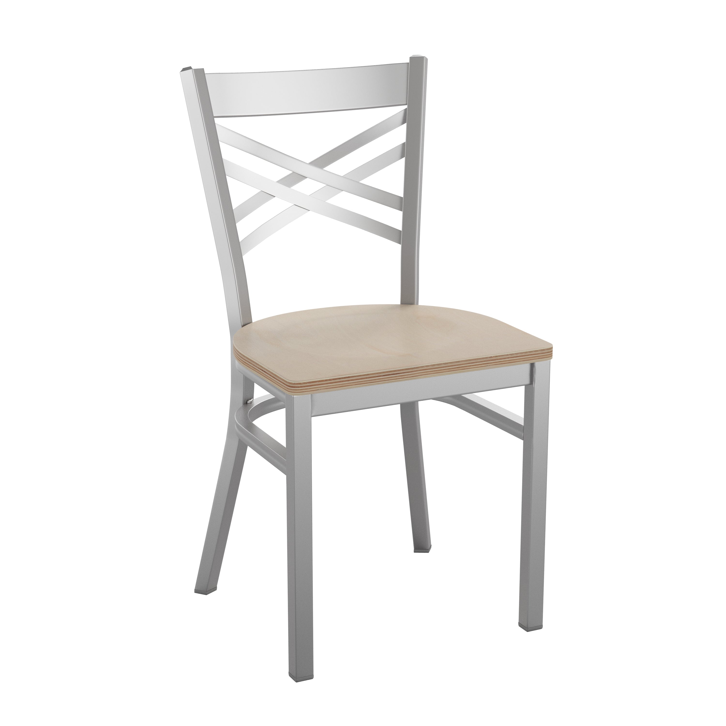 HERCULES Series Silver Antique Finish with Clear Coat ''X'' Back Metal Restaurant Chair - Antique White Wood Seat