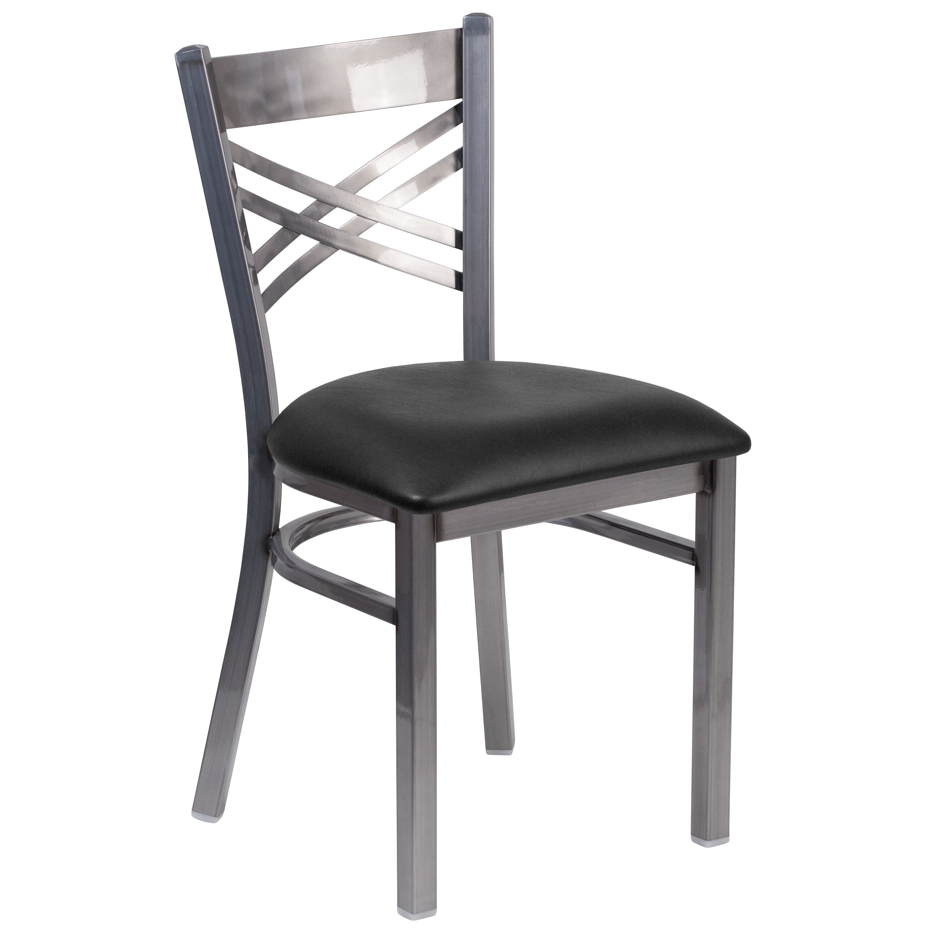 HERCULES Series Silver Antique Finish with Clear Coat ''X'' Back Metal Restaurant Chair - Black Vinyl Seat