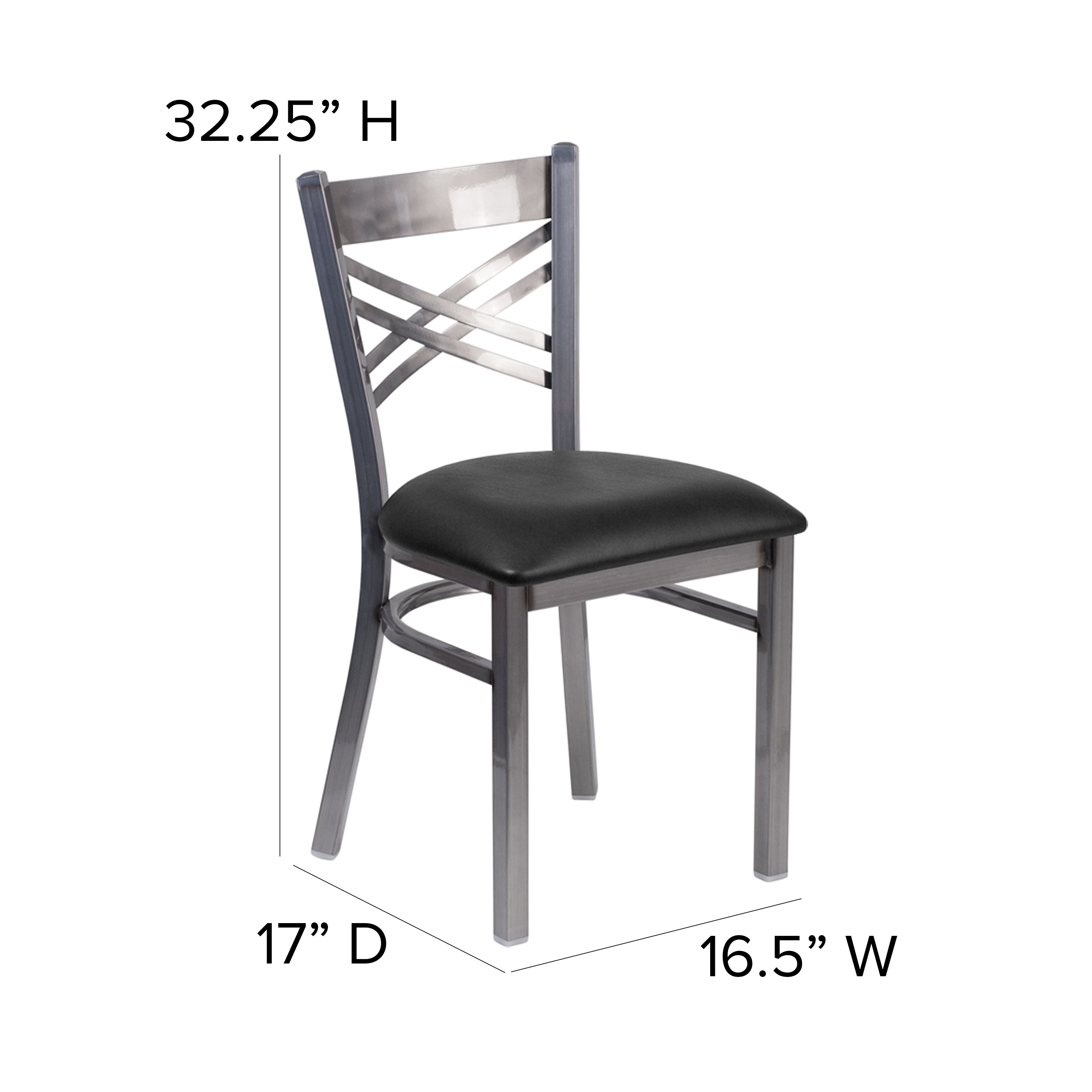 HERCULES Series Silver Antique Finish with Clear Coat ''X'' Back Metal Restaurant Chair - Black Vinyl Seat