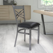 HERCULES Series Silver Antique Finish with Clear Coat ''X'' Back Metal Restaurant Chair - Black Vinyl Seat