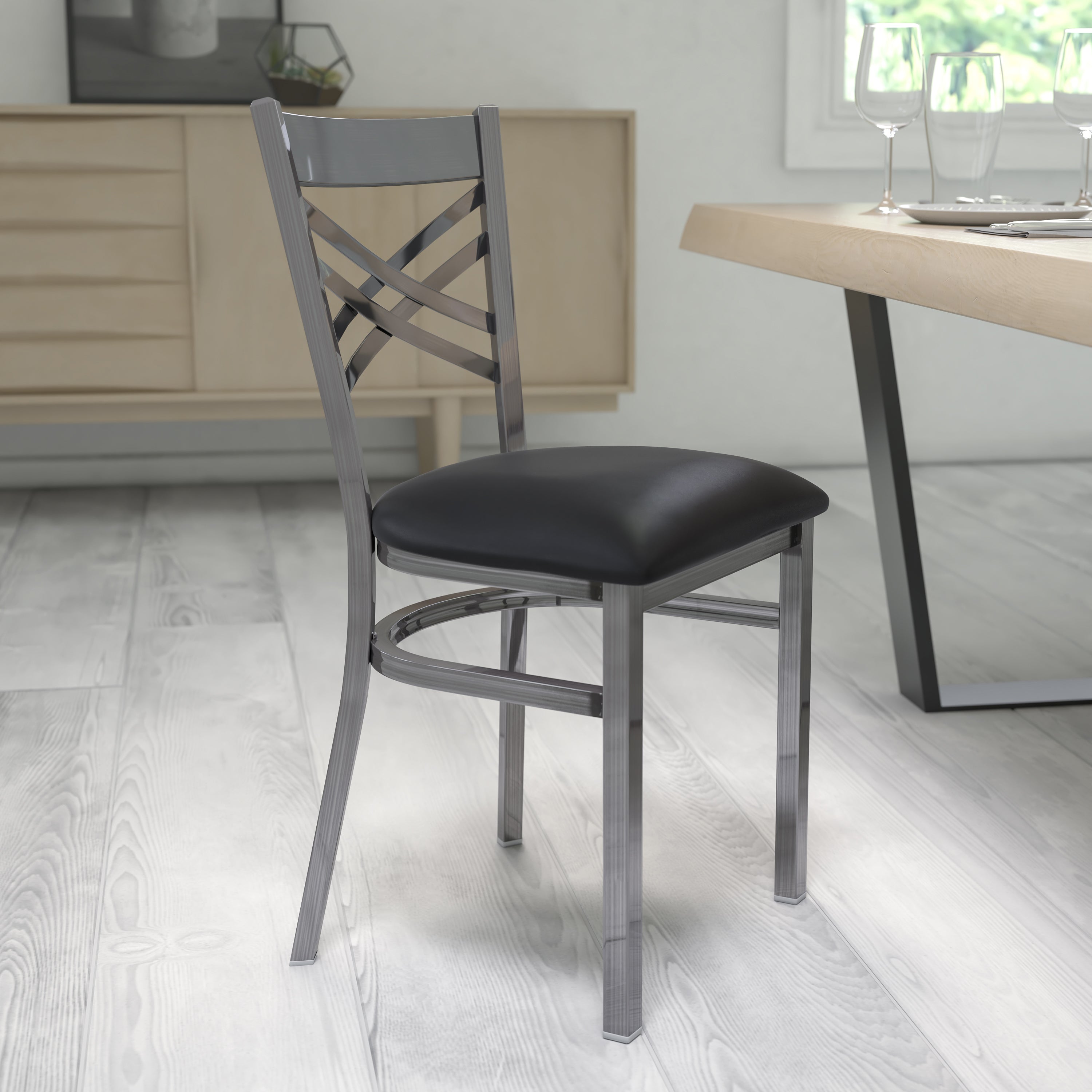 HERCULES Series Silver Antique Finish with Clear Coat ''X'' Back Metal Restaurant Chair - Black Vinyl Seat