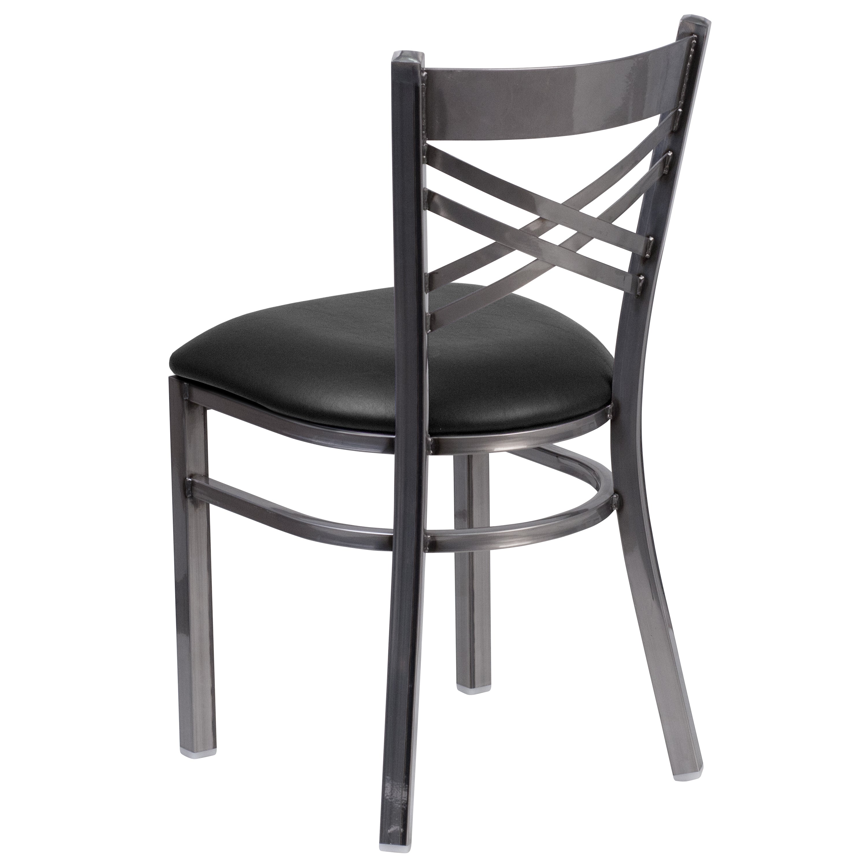 HERCULES Series Silver Antique Finish with Clear Coat ''X'' Back Metal Restaurant Chair - Black Vinyl Seat