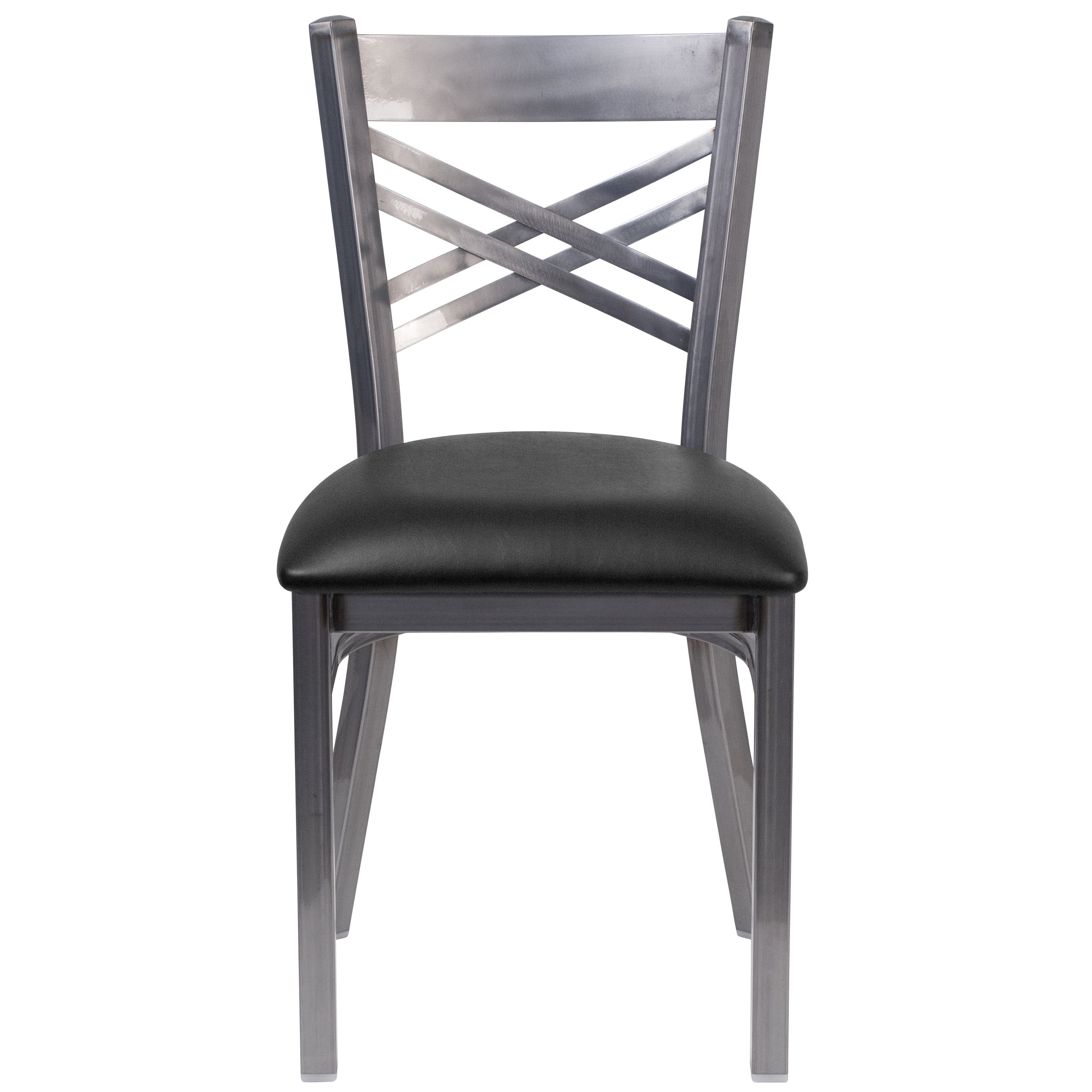 HERCULES Series Silver Antique Finish with Clear Coat ''X'' Back Metal Restaurant Chair - Black Vinyl Seat